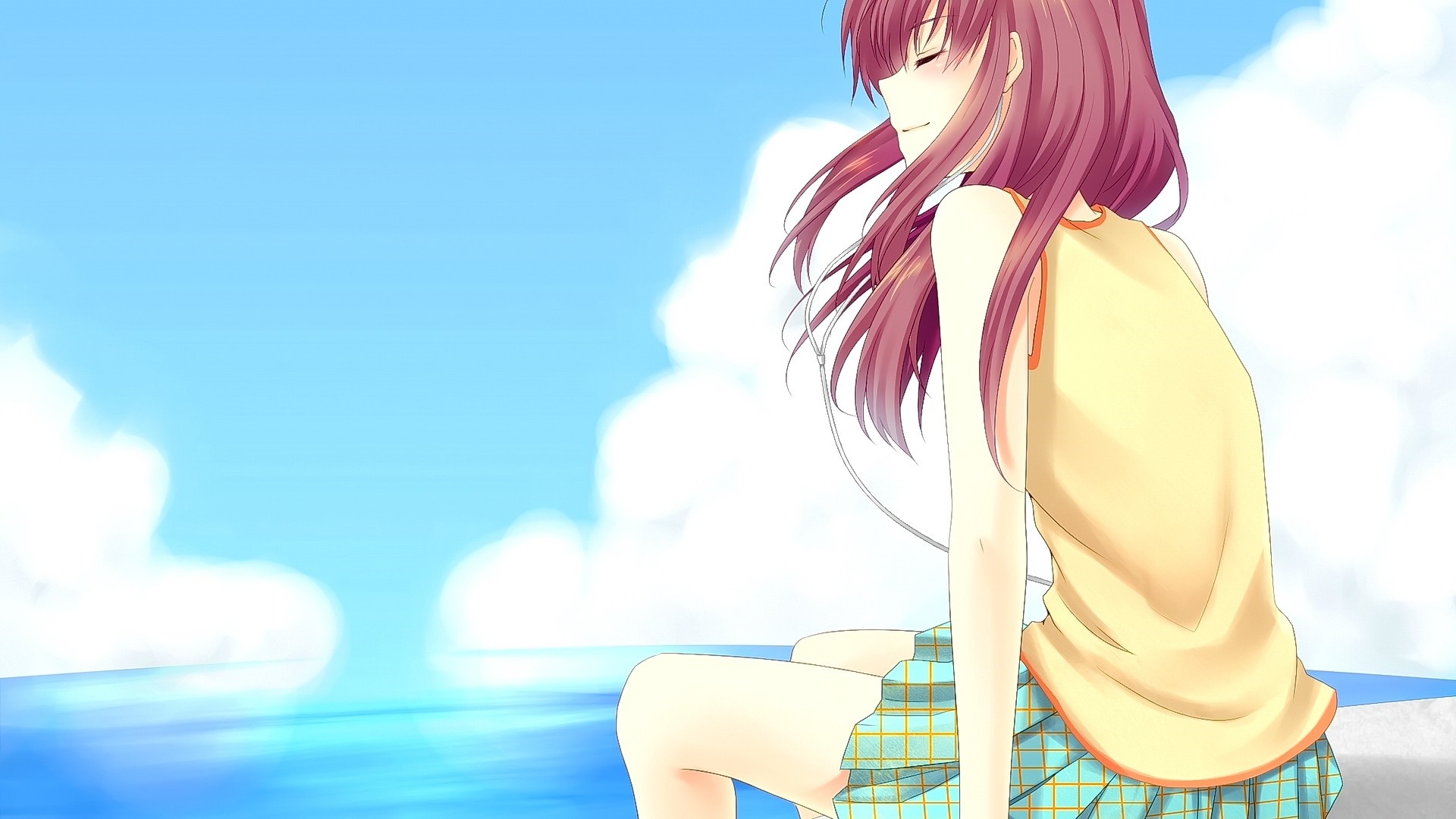 Anime girl with pink hair sitting by the sea HD Wallpaper