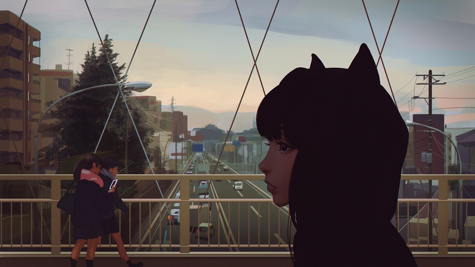 Anime girl with cat ears on a bridge overlooking a city HD Wallpaper