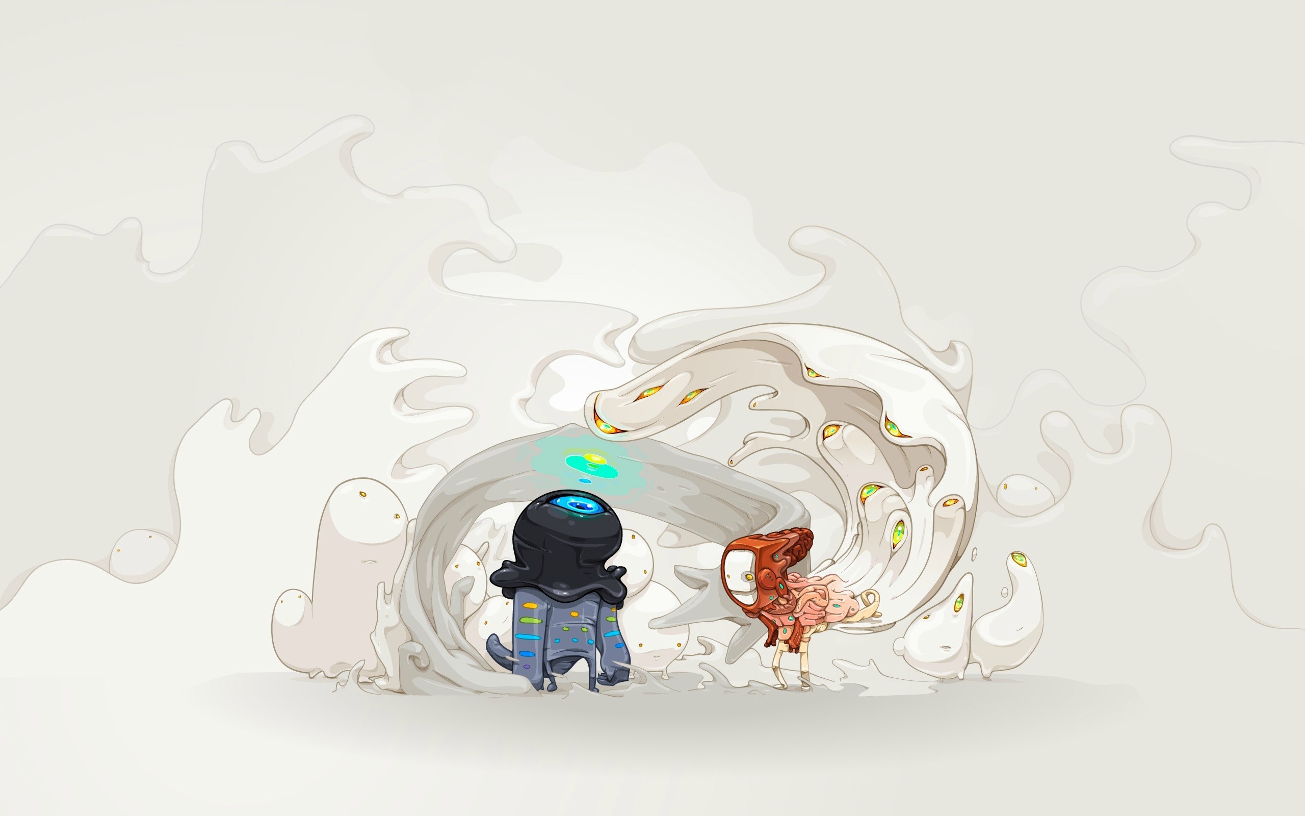 Two alien creatures in a surreal, abstract environment HD Wallpaper