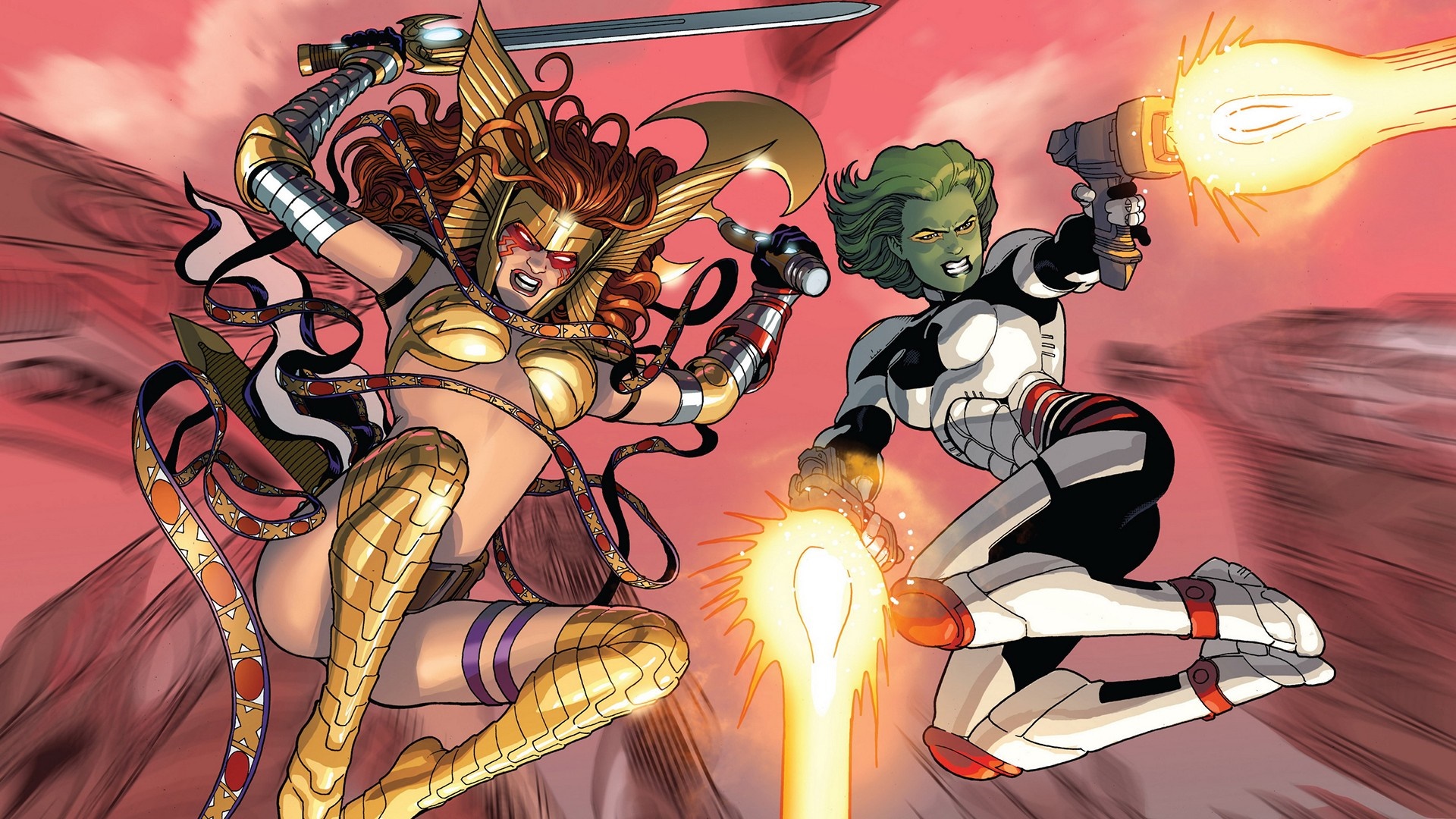 Angela and Gamora fighting with weapons HD Wallpaper