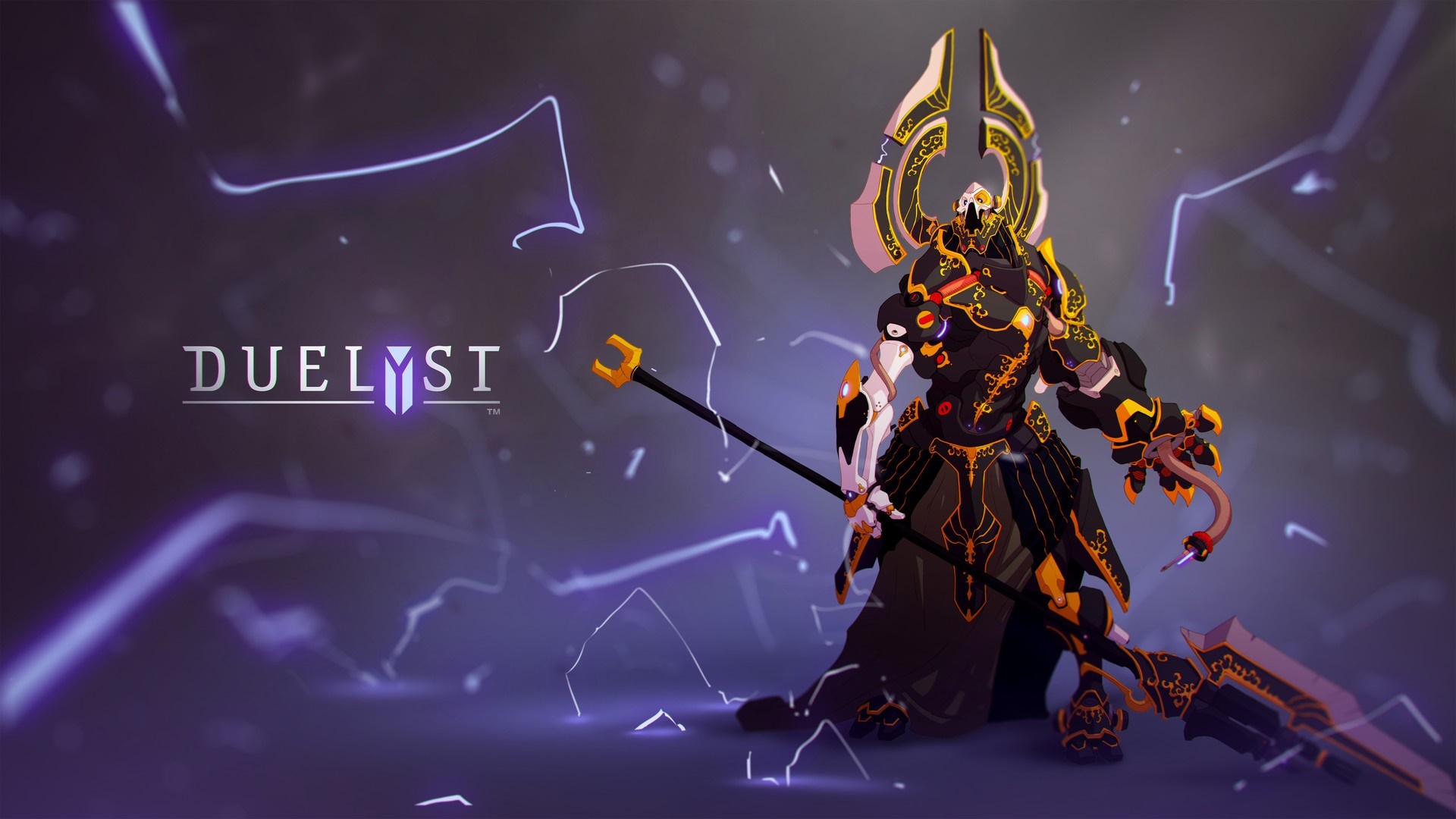 Duelyst artwork of a dark armored warrior with a staff HD Wallpaper