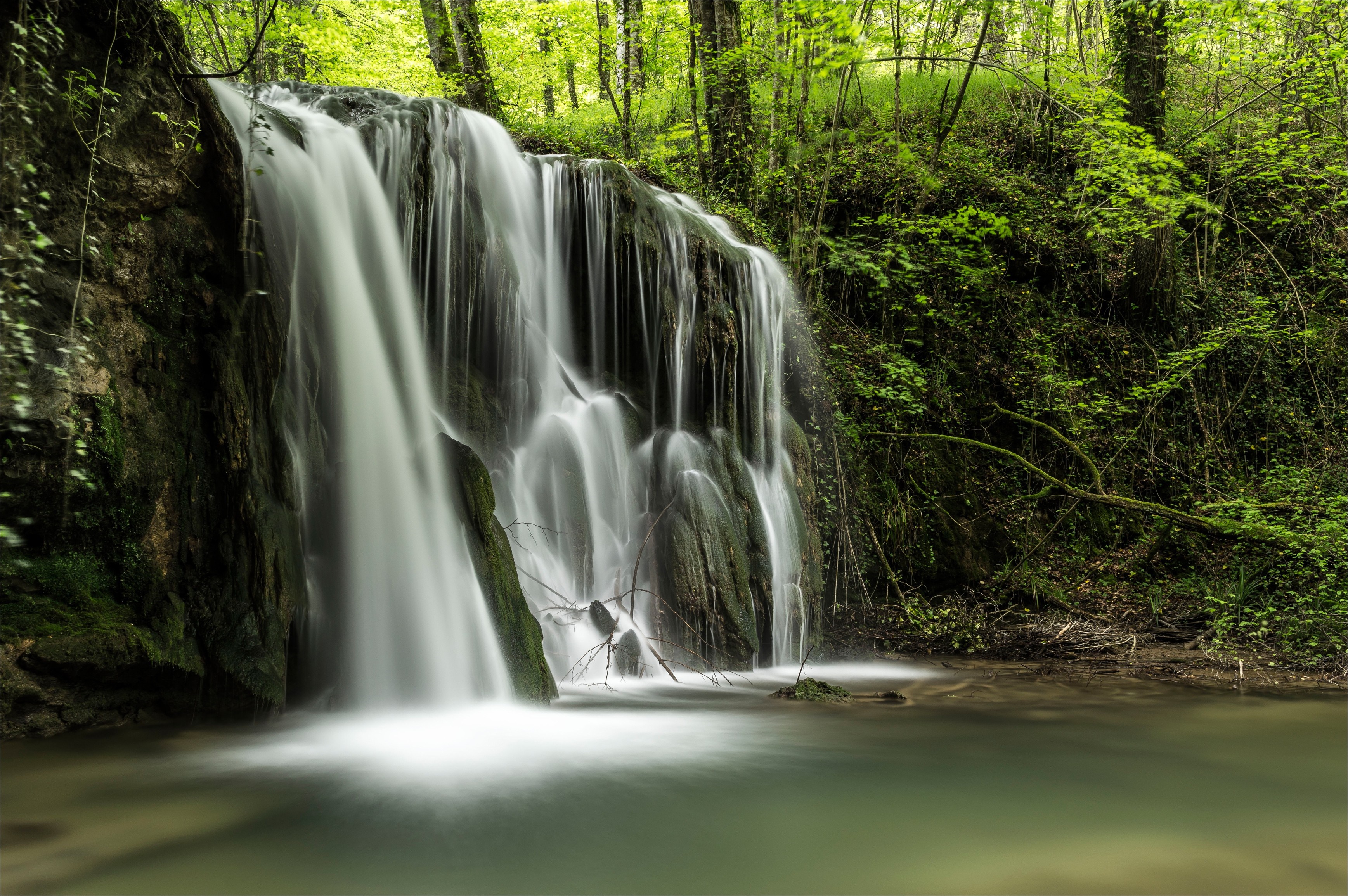 Waterfall in a lush green forest HD Wallpaper