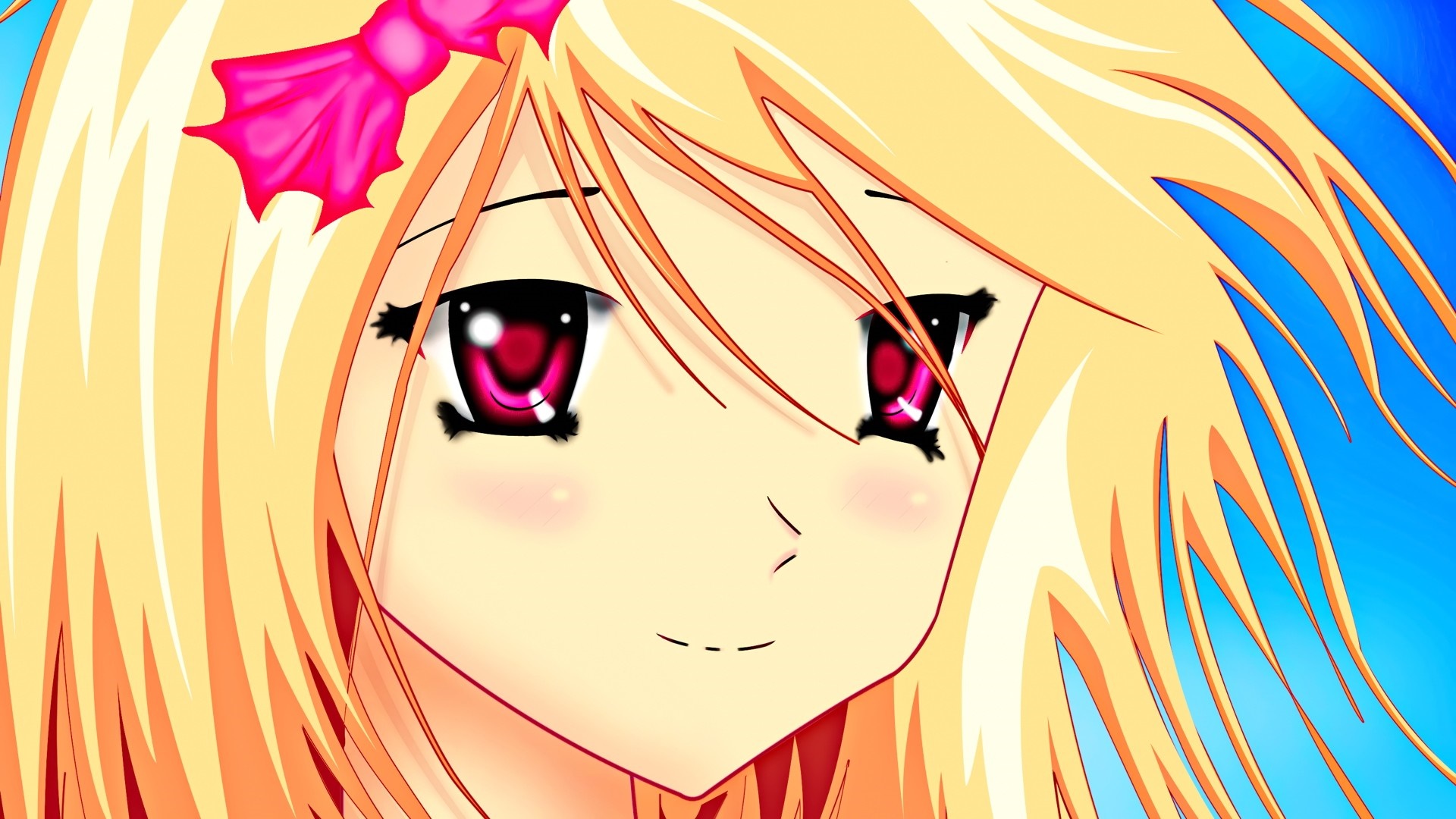 Anime girl with blonde hair and pink bow HD Wallpaper