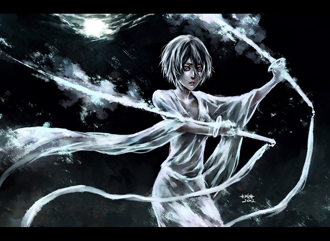 Kuchiki Rukia from Bleach with swords and ribbons HD Wallpaper