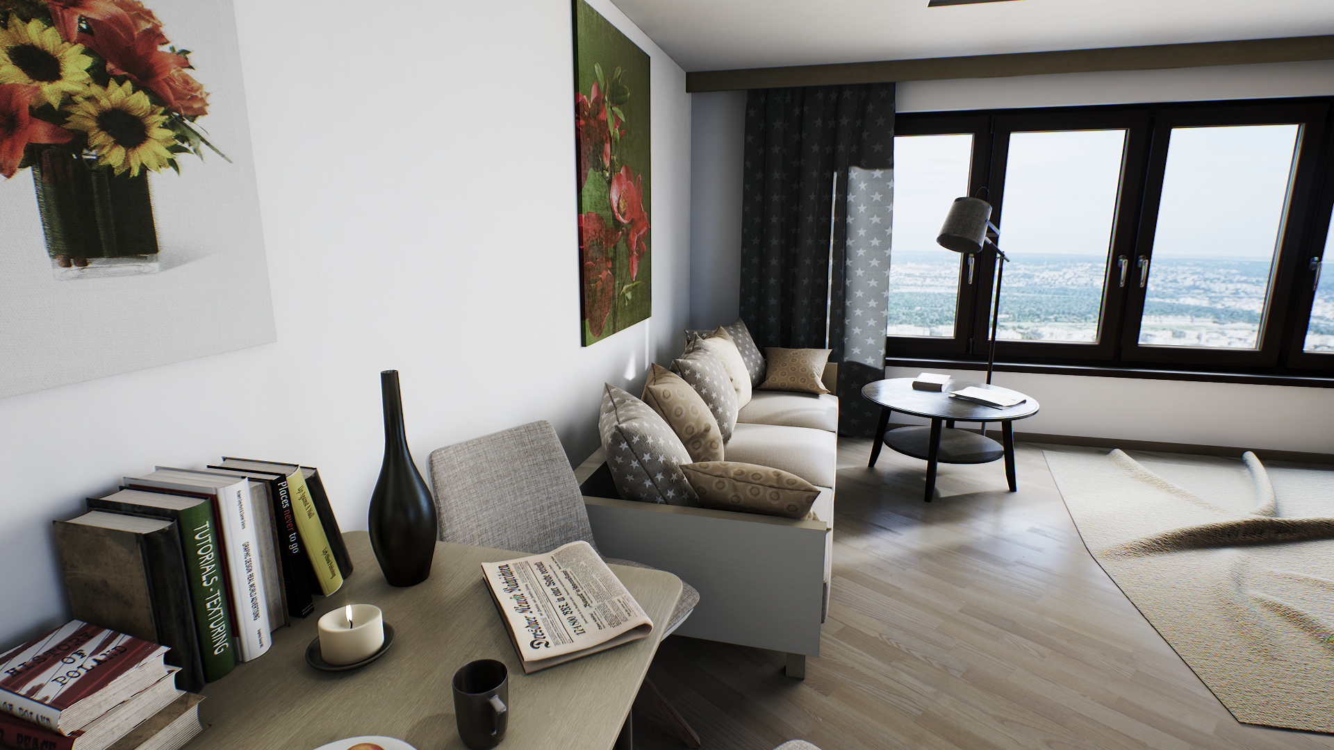 Modern apartment living room with city view HD Wallpaper
