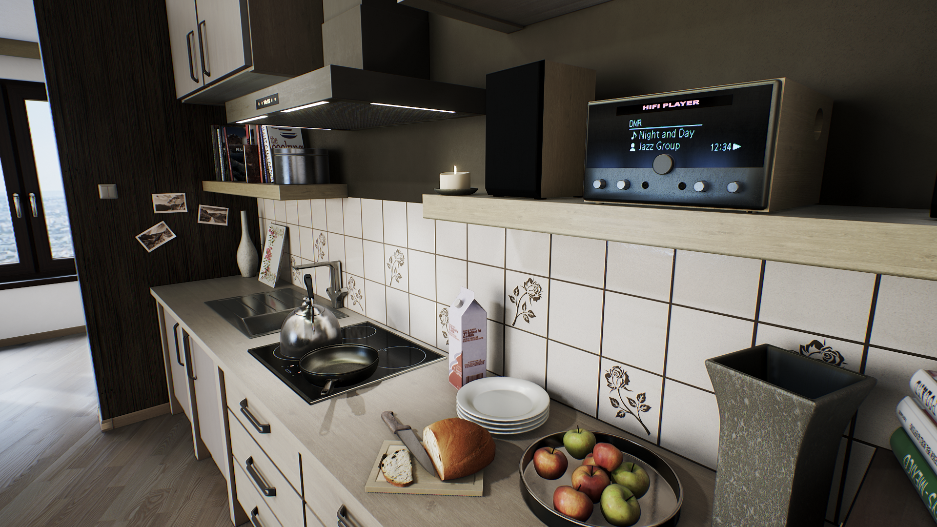 Modern kitchen interior with appliances and food HD Wallpaper