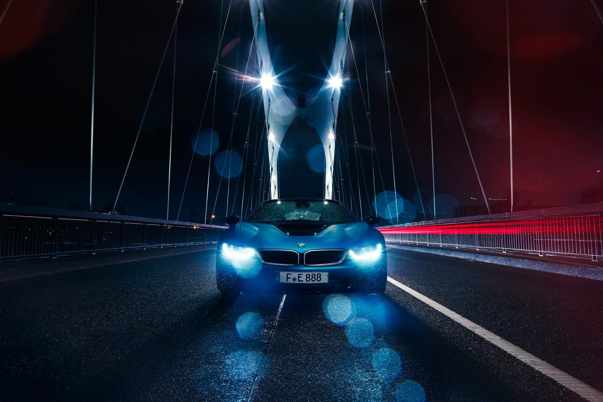 Blue BMW i8 on a bridge at night HD Wallpaper