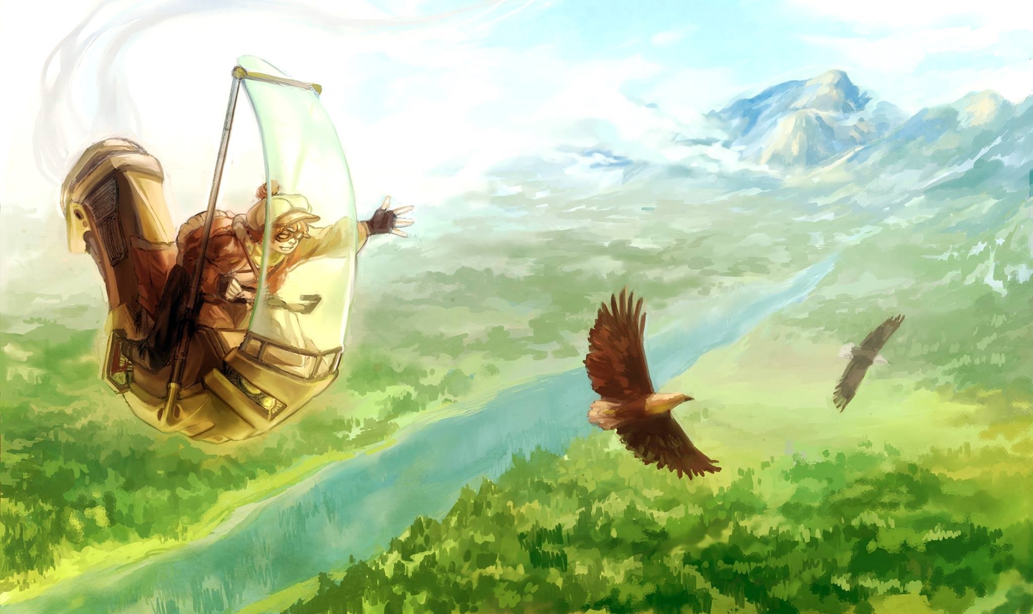 Steampunk flyer with eagles over mountains and river HD Wallpaper