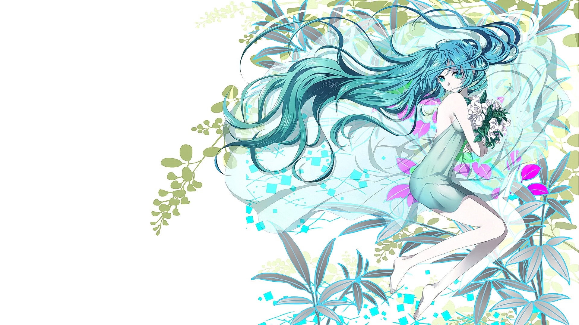 Hatsune Miku with flowers and plants HD Wallpaper