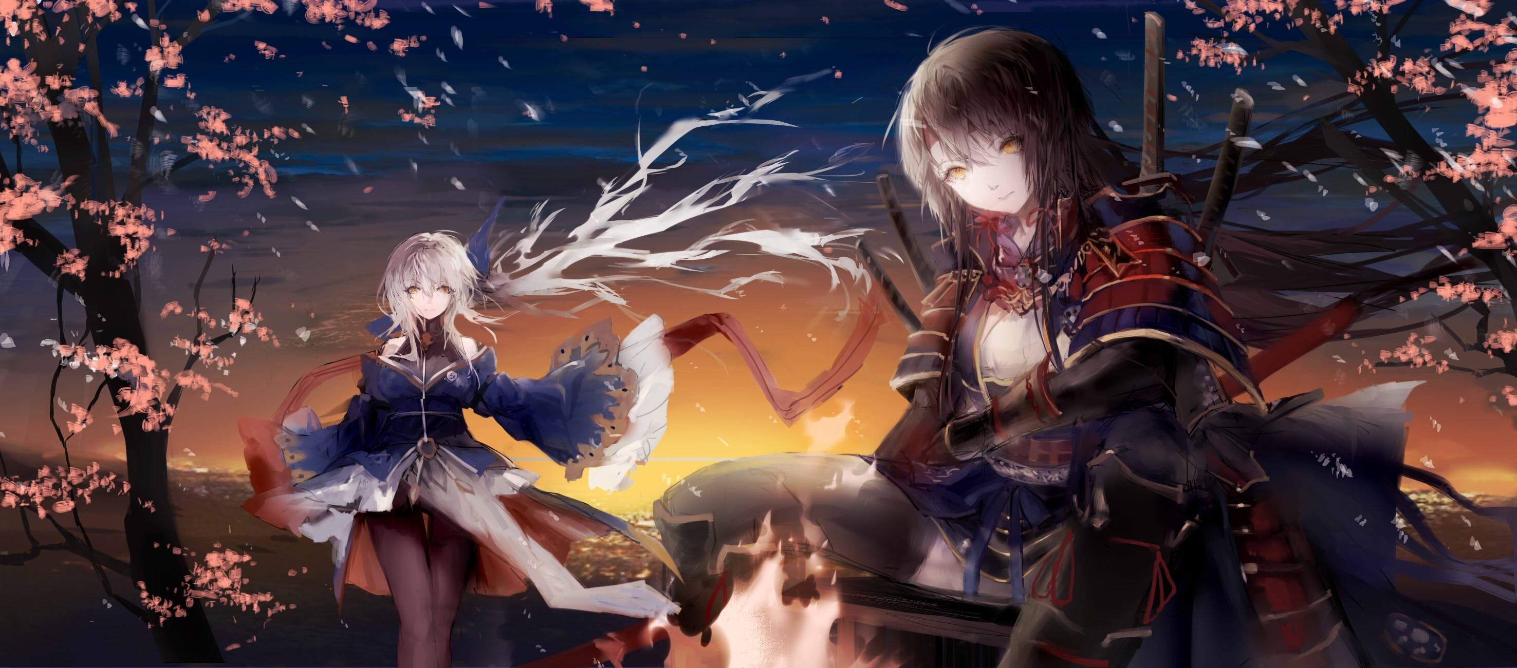 Anime girls with swords by a campfire under cherry blossoms HD Wallpaper