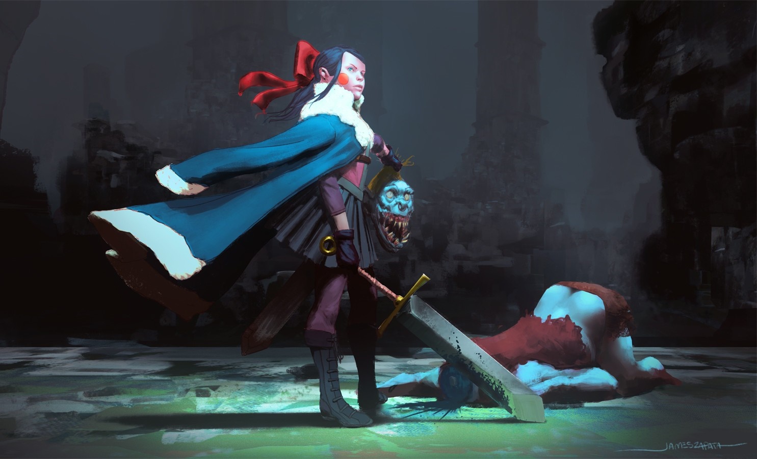 Girl with sword and monster head in Necropolis HD Wallpaper