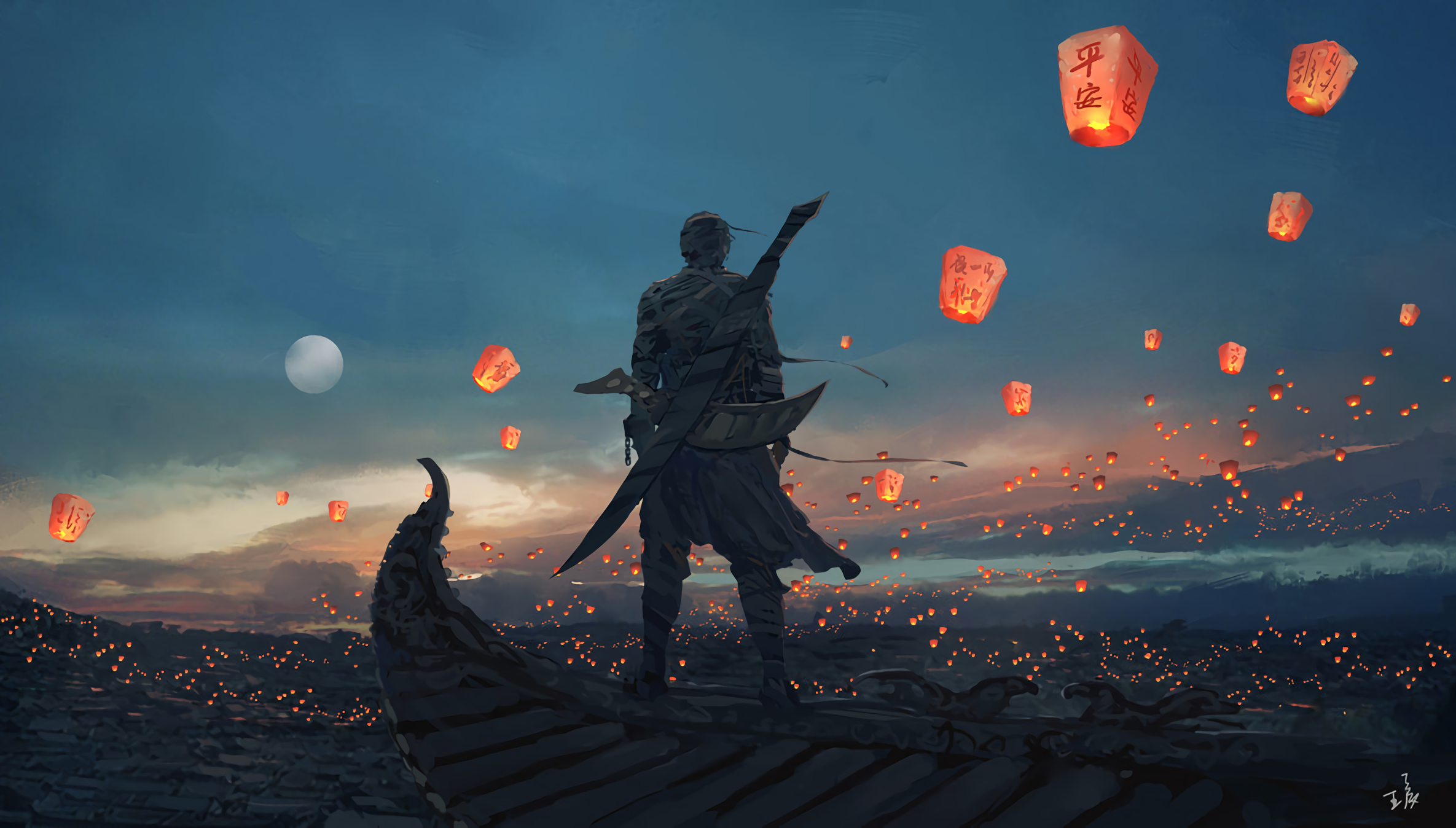 Man on rooftop releasing sky lanterns at dusk HD Wallpaper