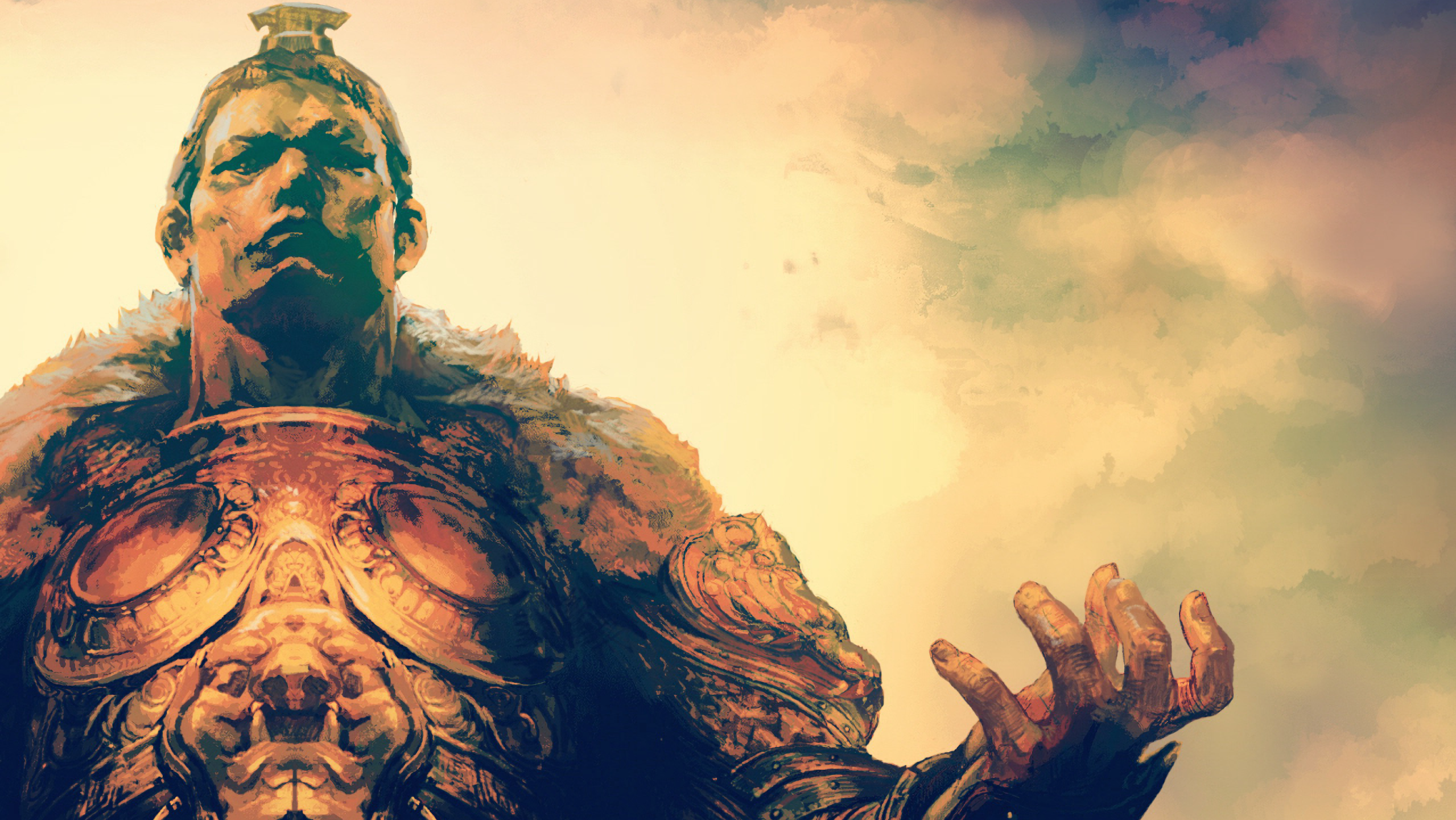 Warrior statue with ornate armor and fur collar HD Wallpaper