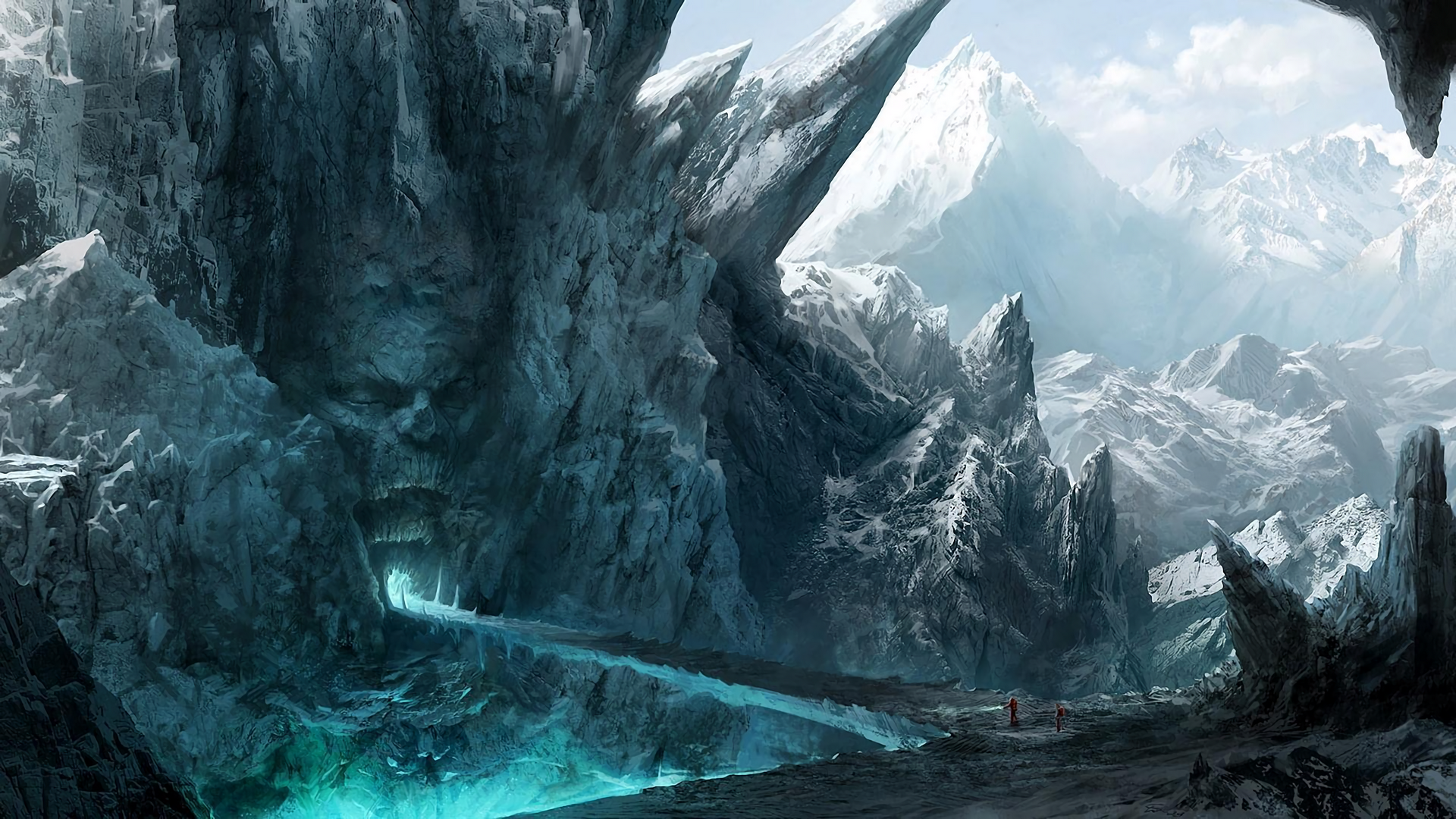 Ice cave entrance with glowing blue water and snowy mountains HD Wallpaper