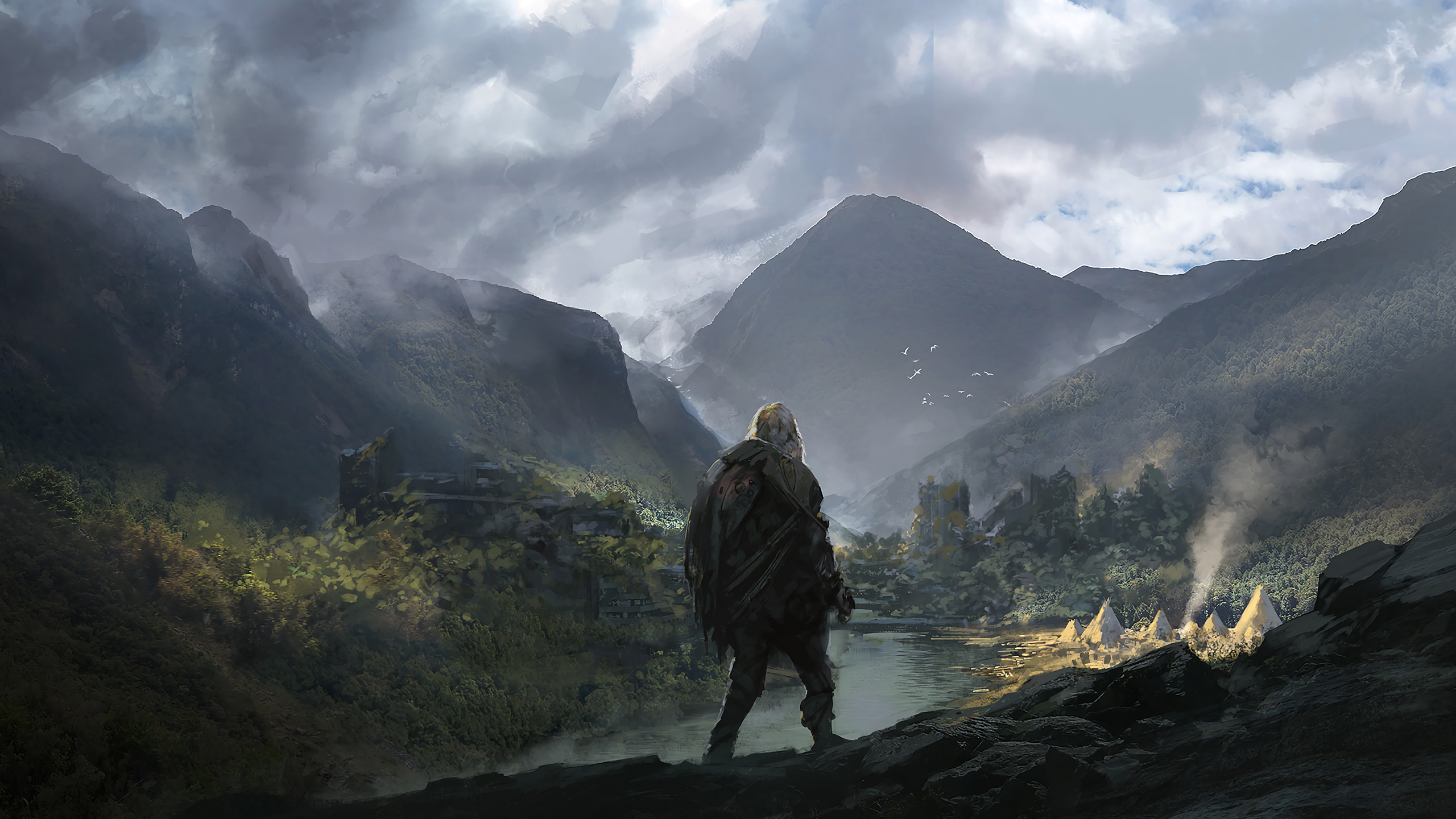 Man overlooking a valley with a village and mountains HD Wallpaper