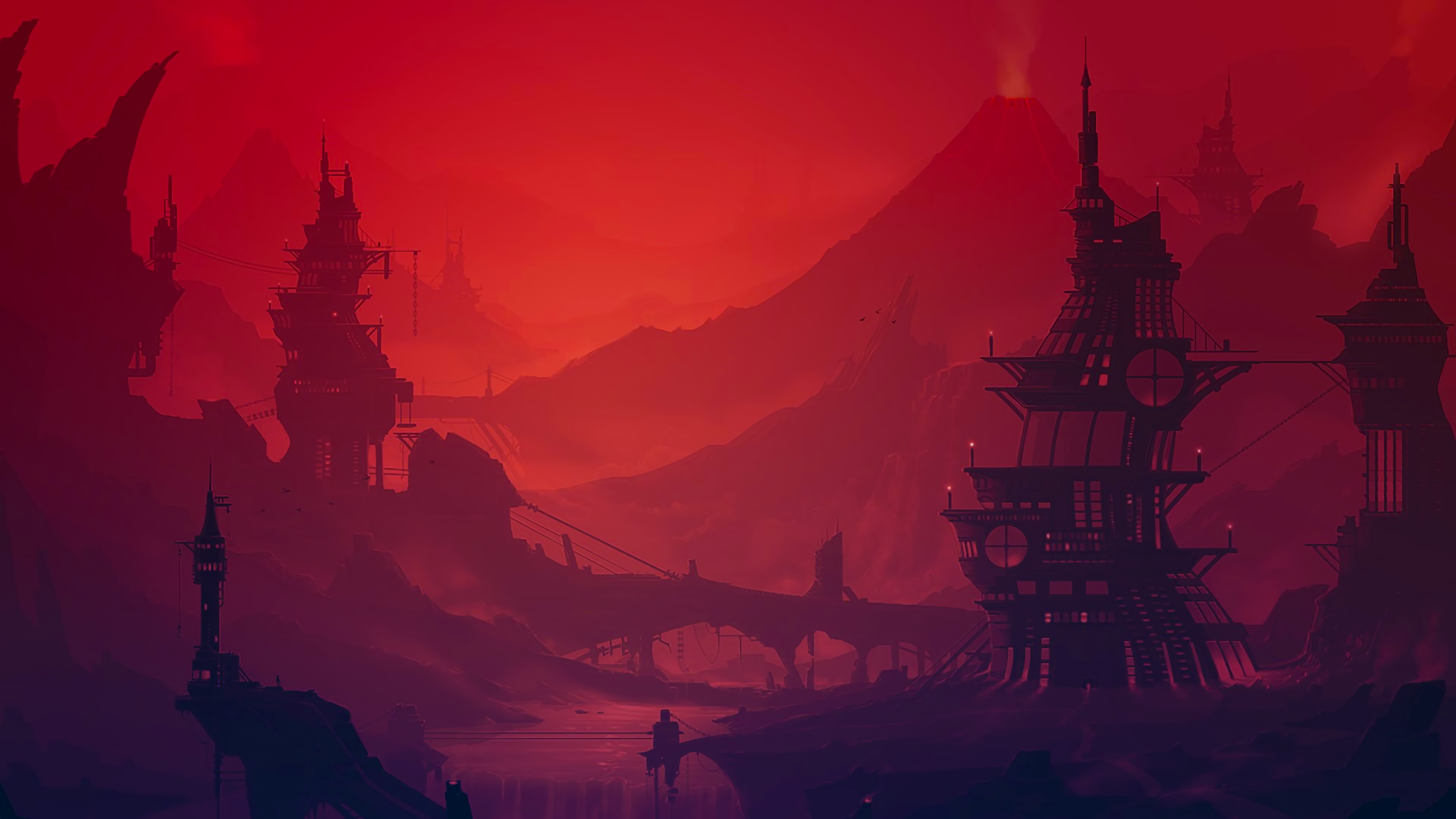 Fantasy city with volcanoes at sunset HD Wallpaper