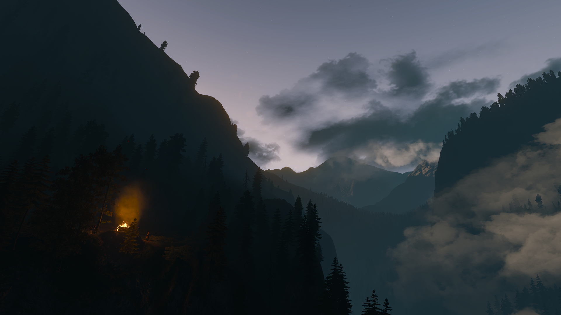 Campfire in a dark mountain valley at dusk HD Wallpaper