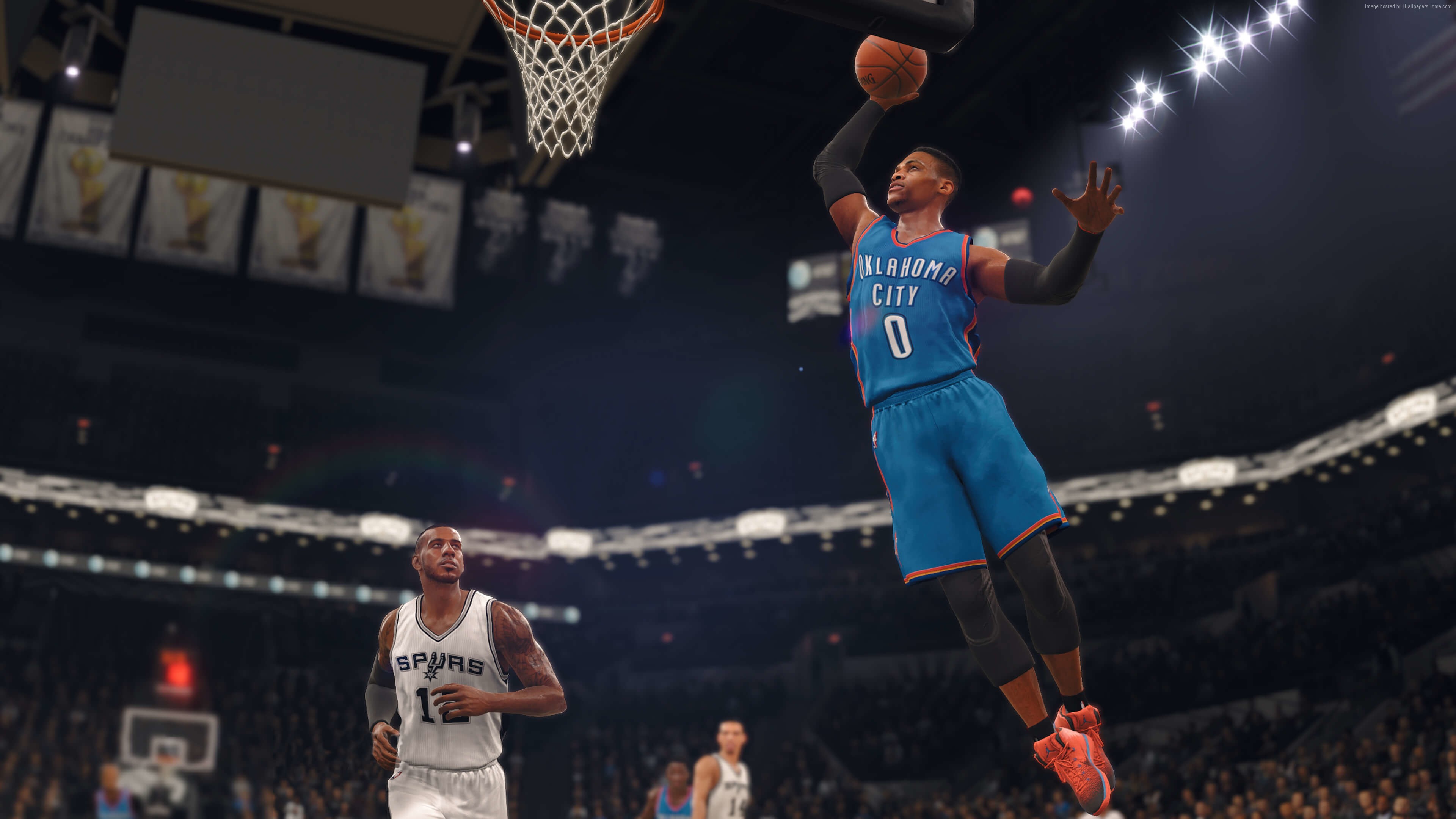 Russell Westbrook dunking in NBA LIVE 18 4K HD Wallpaper