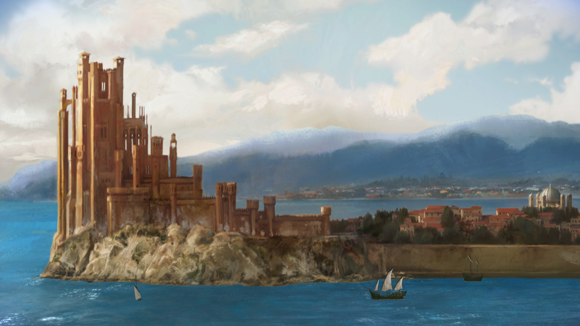 Castle on a cliff overlooking the sea with a cityscape HD Wallpaper