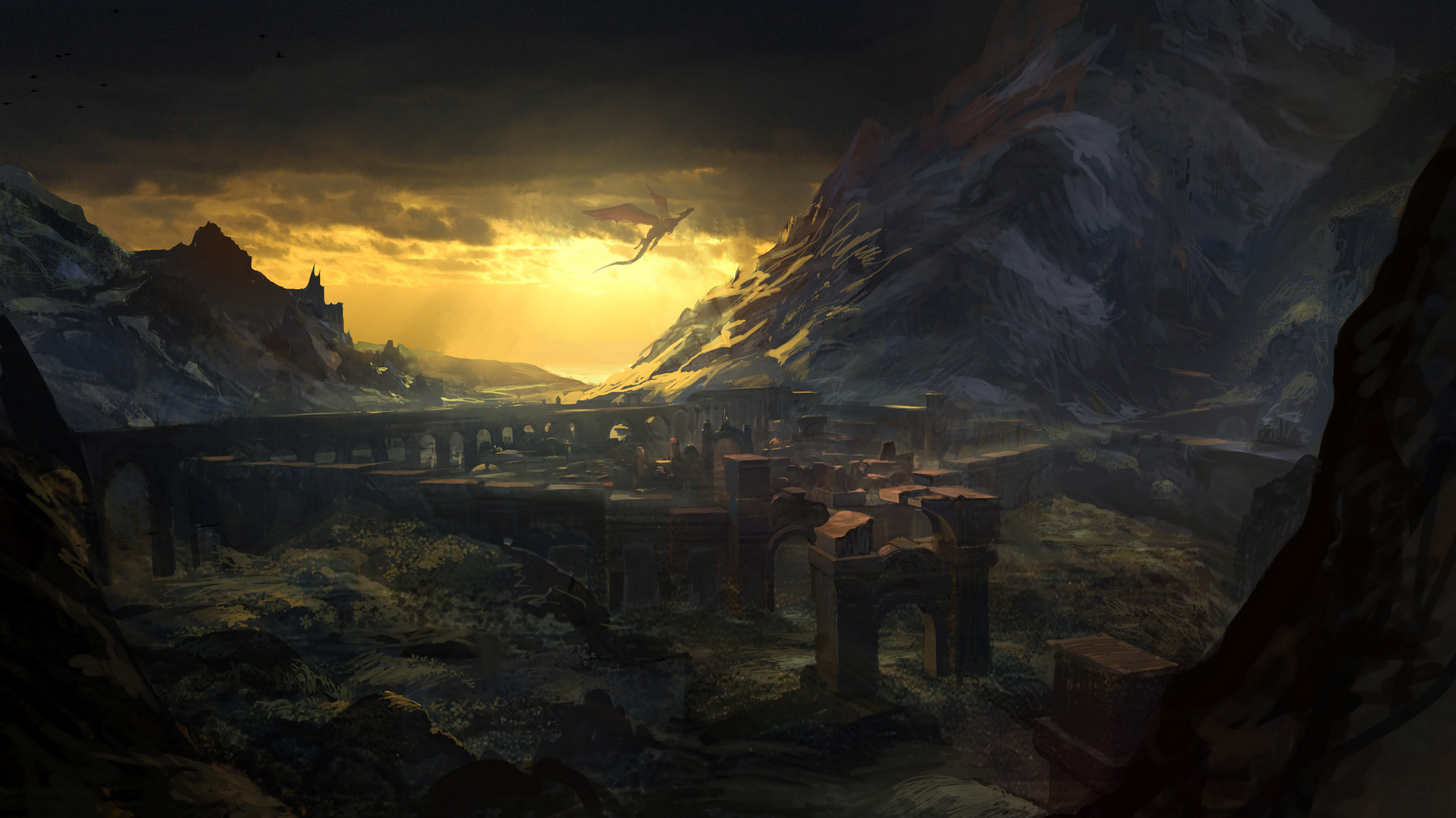 Dragon flying over ancient ruins and a bridge at sunset HD Wallpaper