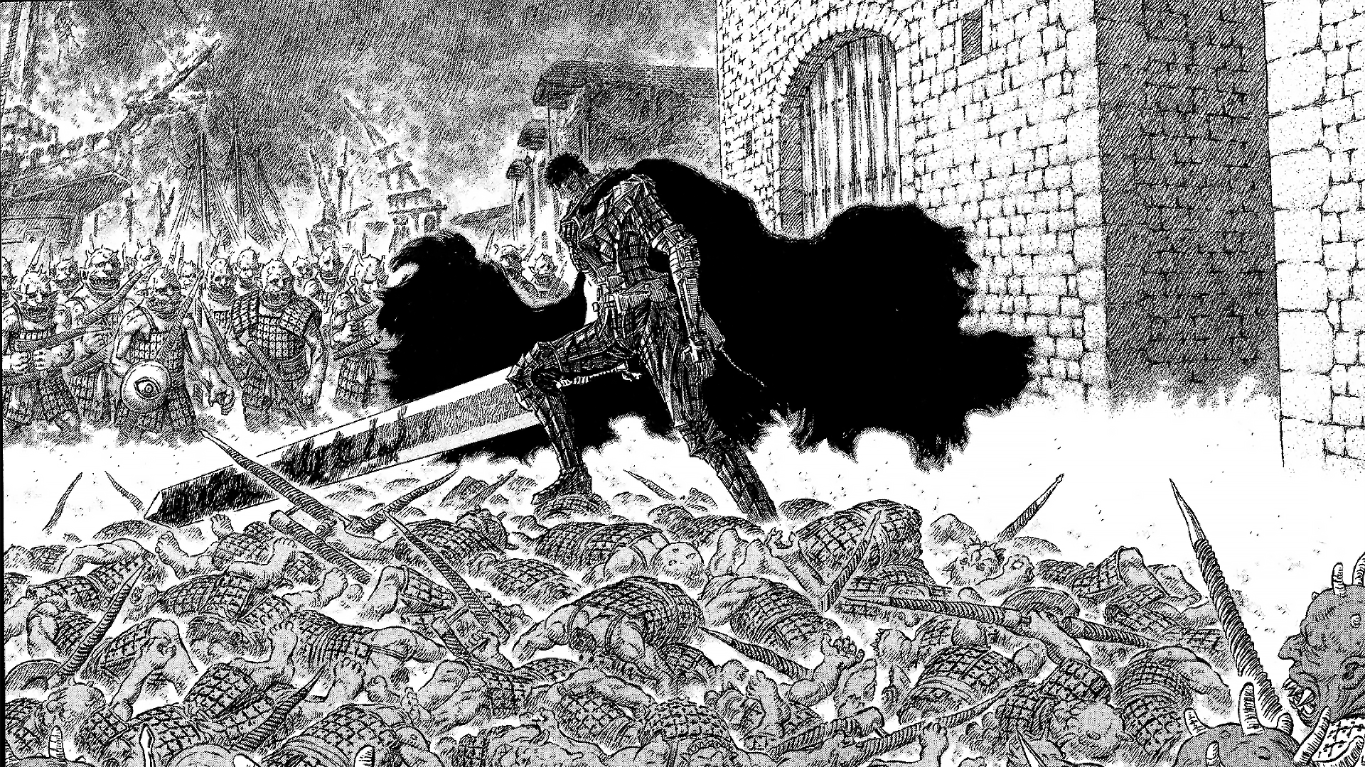 Guts from Berserk standing over fallen enemies HD Wallpaper