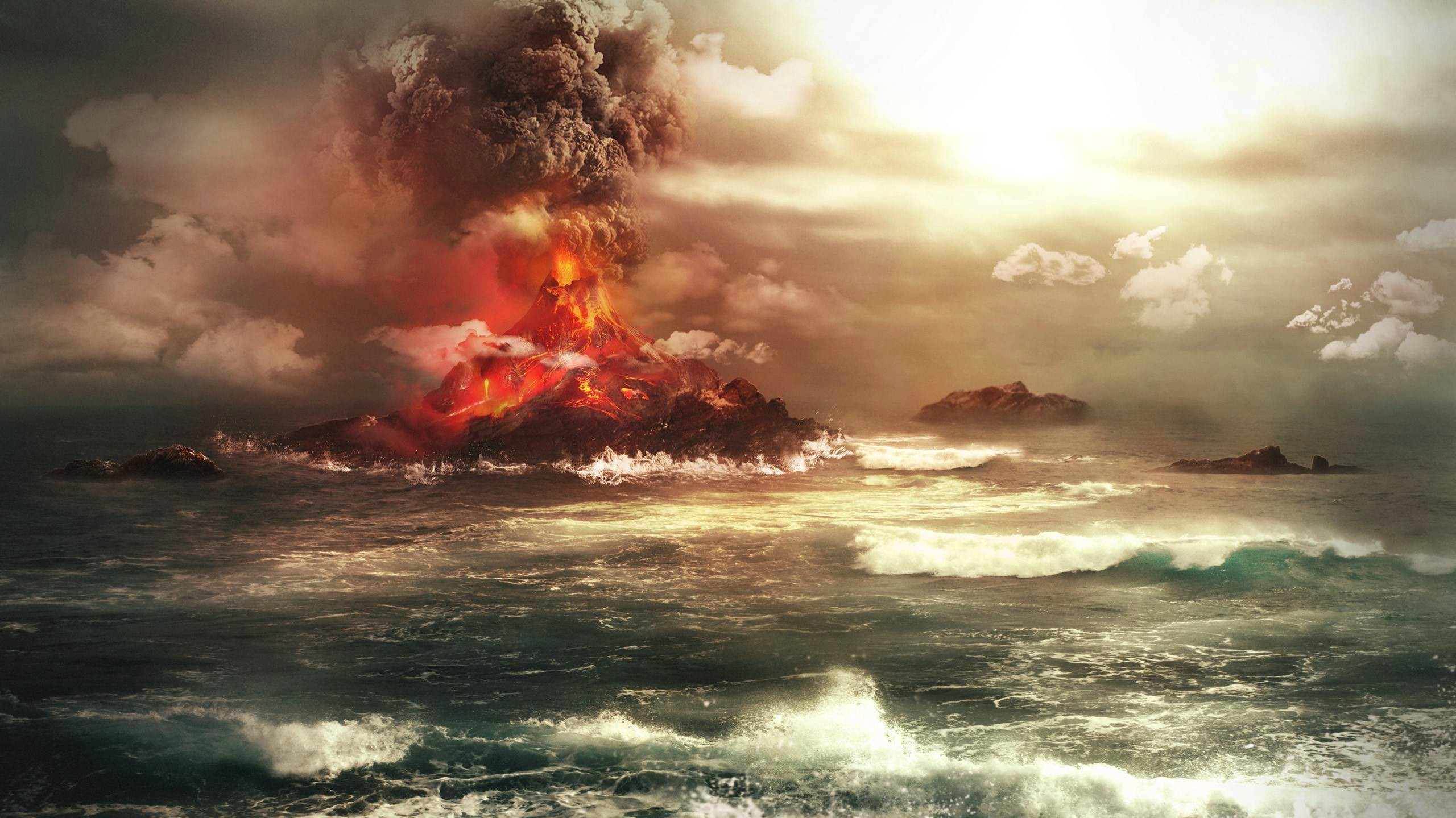 Volcanic eruption on an island in the ocean HD Wallpaper