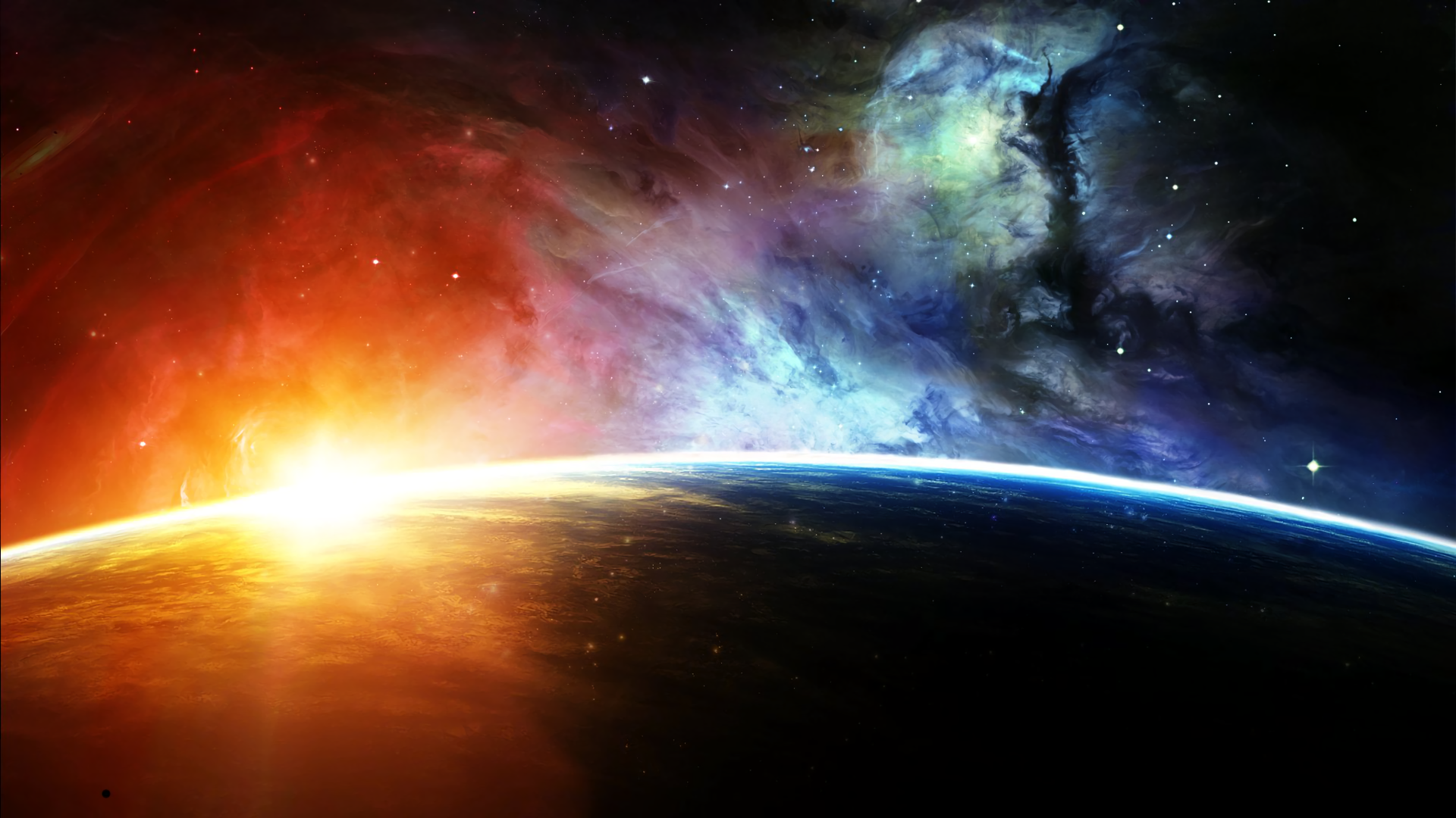 Sunrise over a planet with colorful nebula in space HD Wallpaper