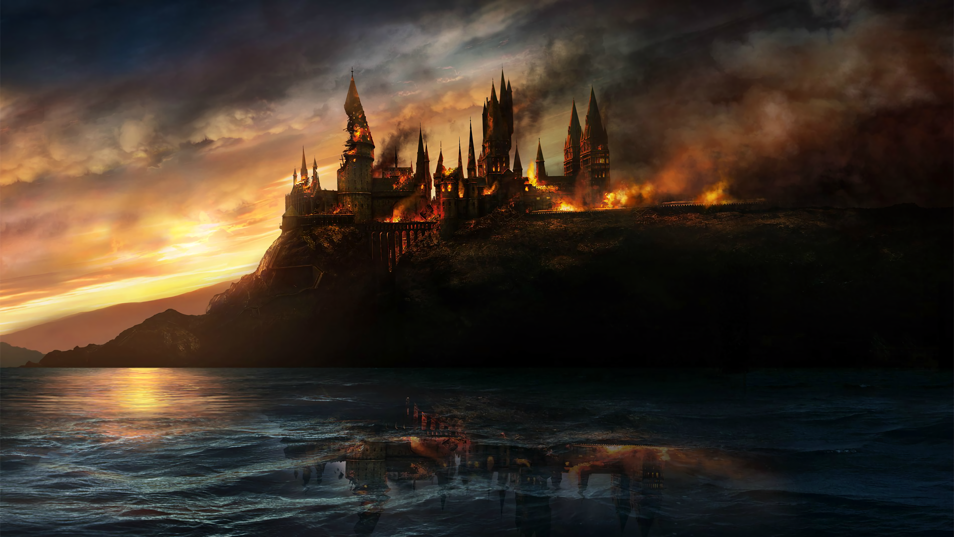Hogwarts Castle on fire at sunset reflected in water HD Wallpaper