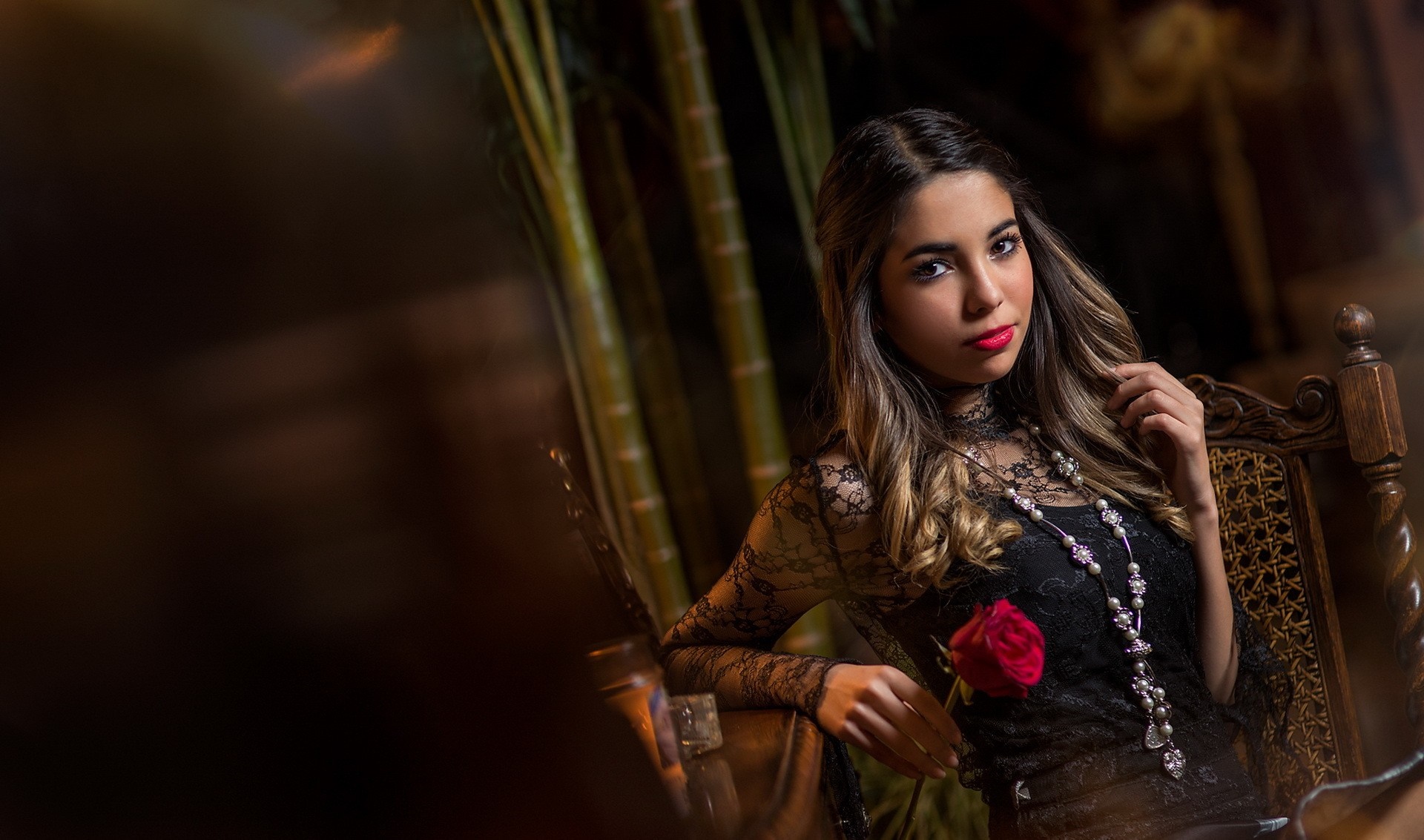 Woman in black lace dress with red rose HD Wallpaper