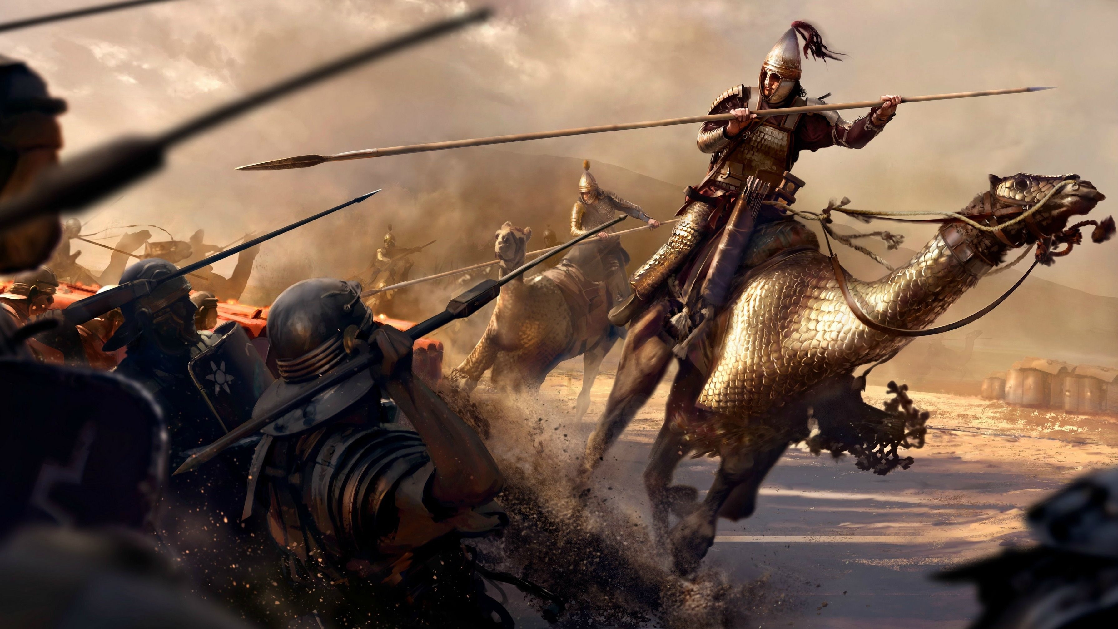 Soldiers on camels fighting with spears HD Wallpaper