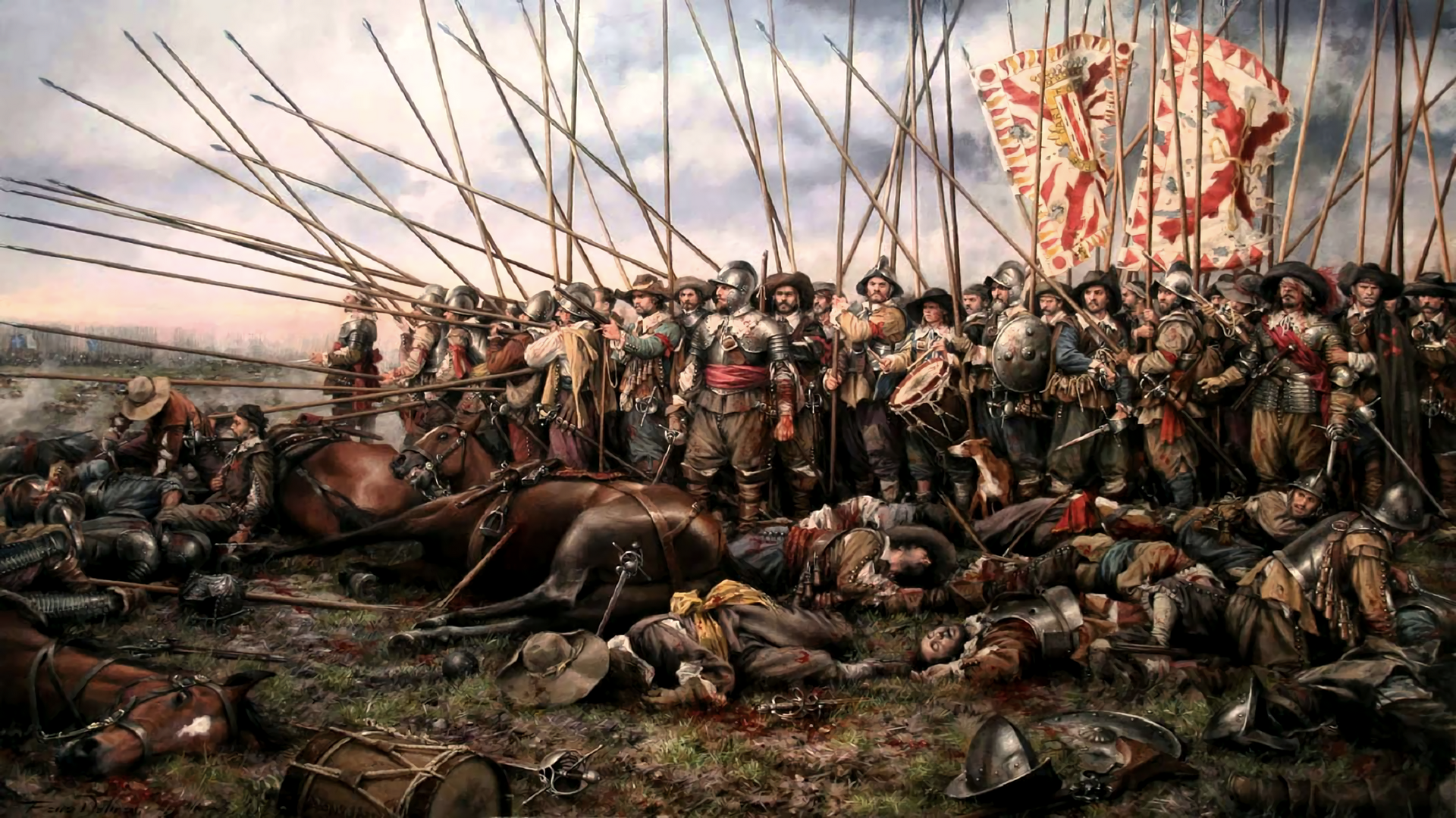 Soldiers with pikes in a battle with fallen soldiers and horses HD Wallpaper