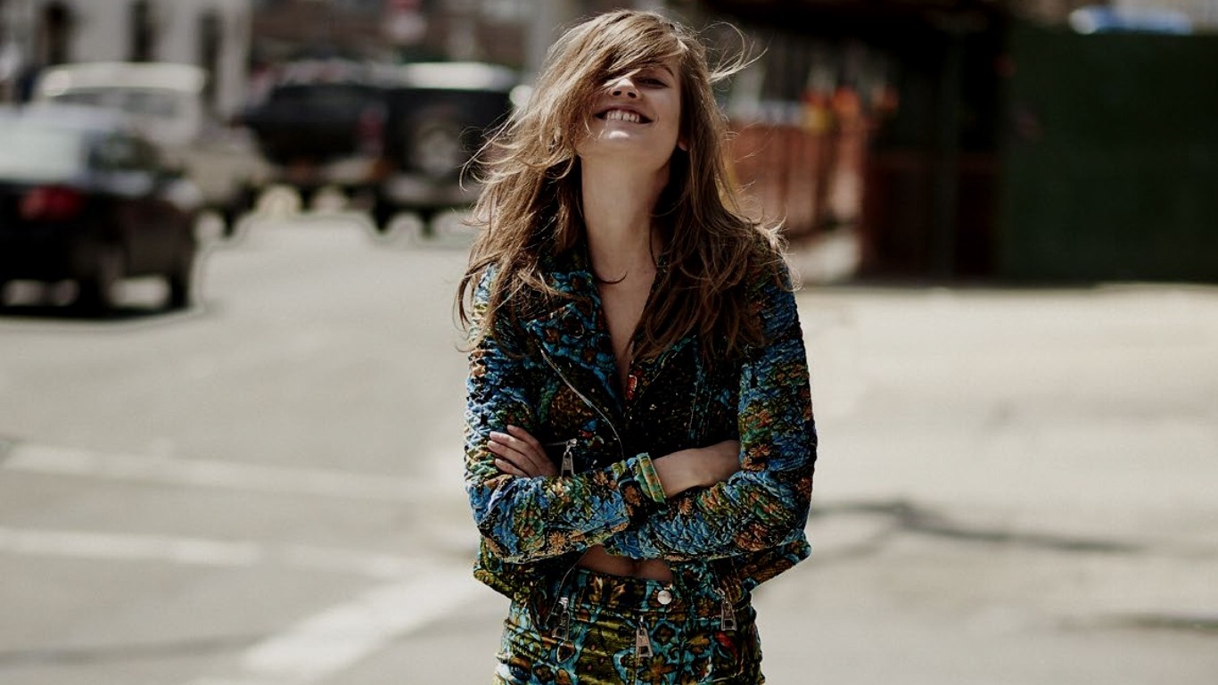 Monika Jagaciak in patterned outerwear on a street HD Wallpaper