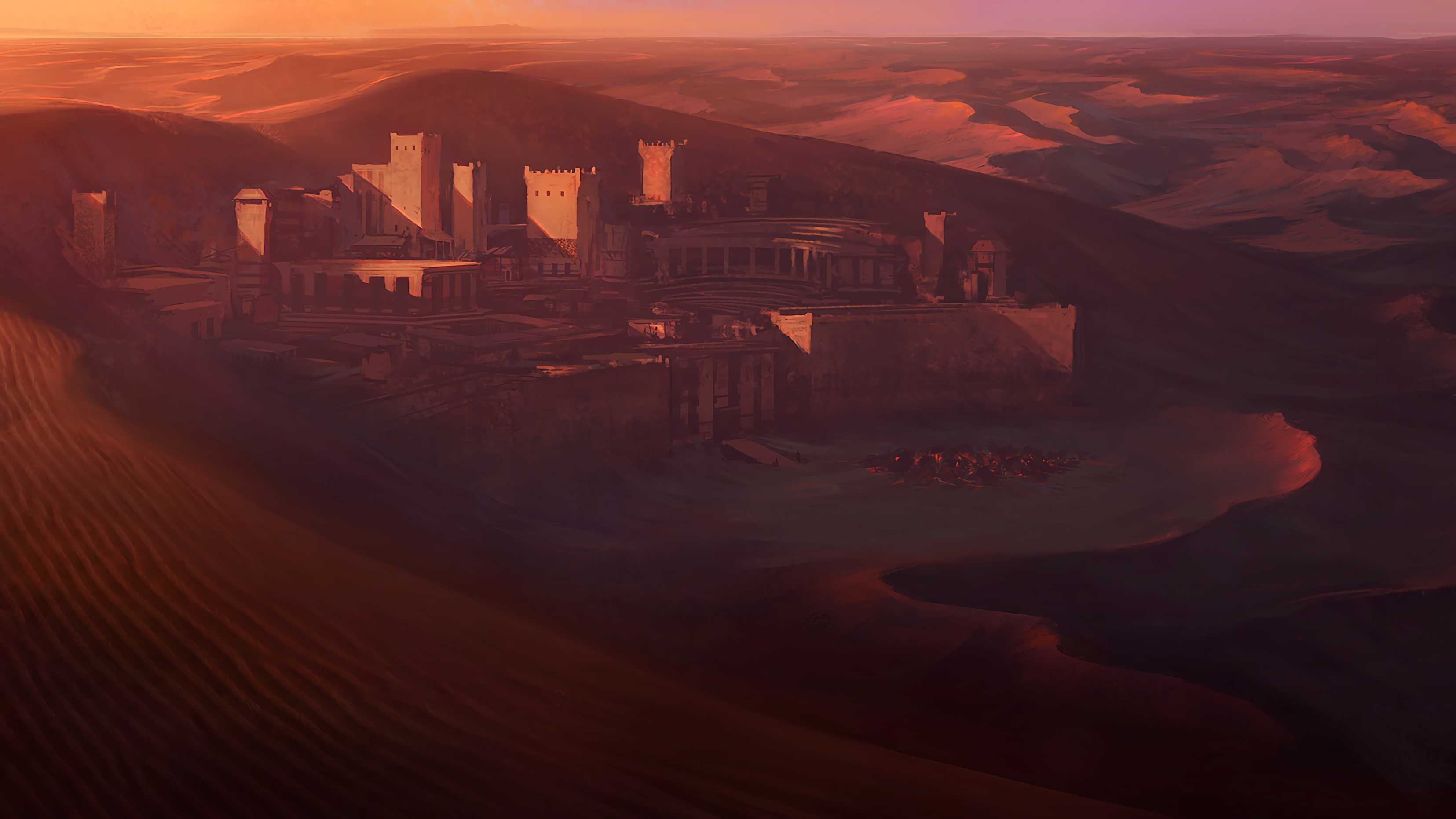 Desert city ruins at sunset HD Wallpaper