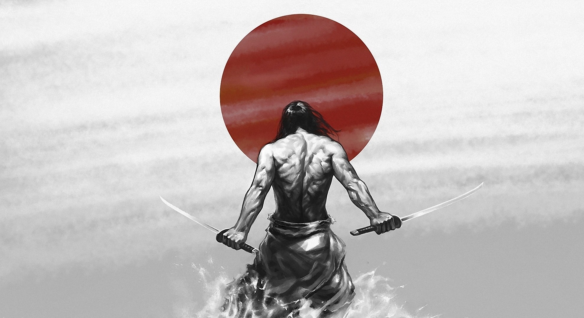 Samurai warrior with two swords in front of red sun HD Wallpaper