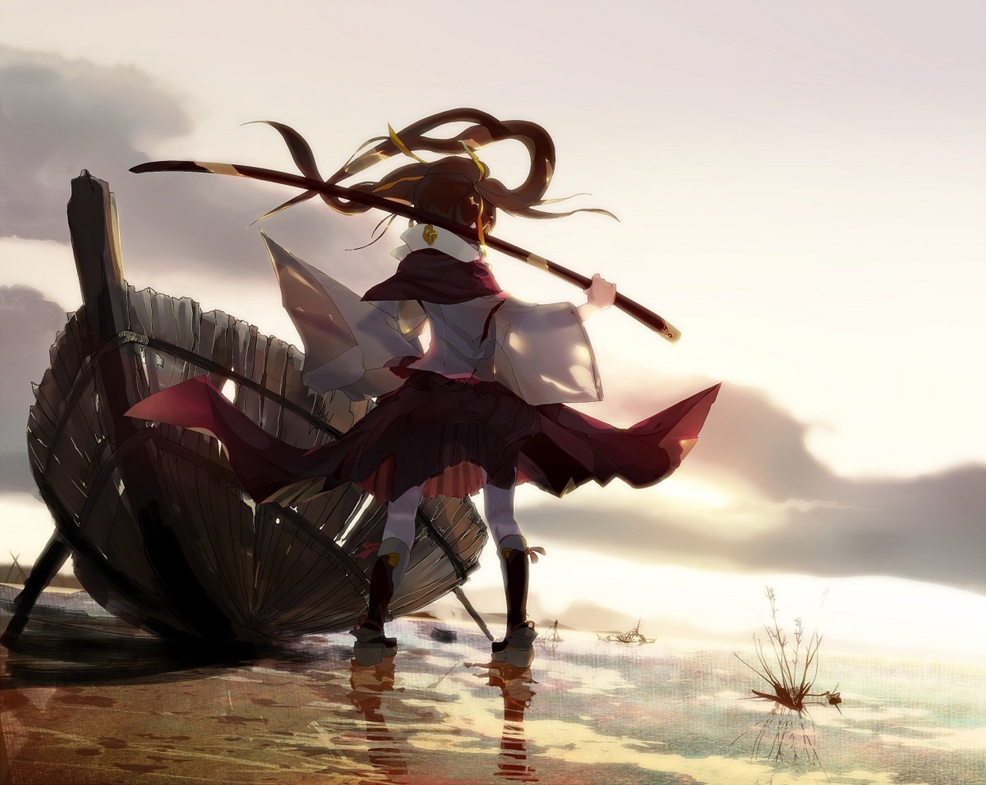 Anime girl with katana by a shipwreck HD Wallpaper