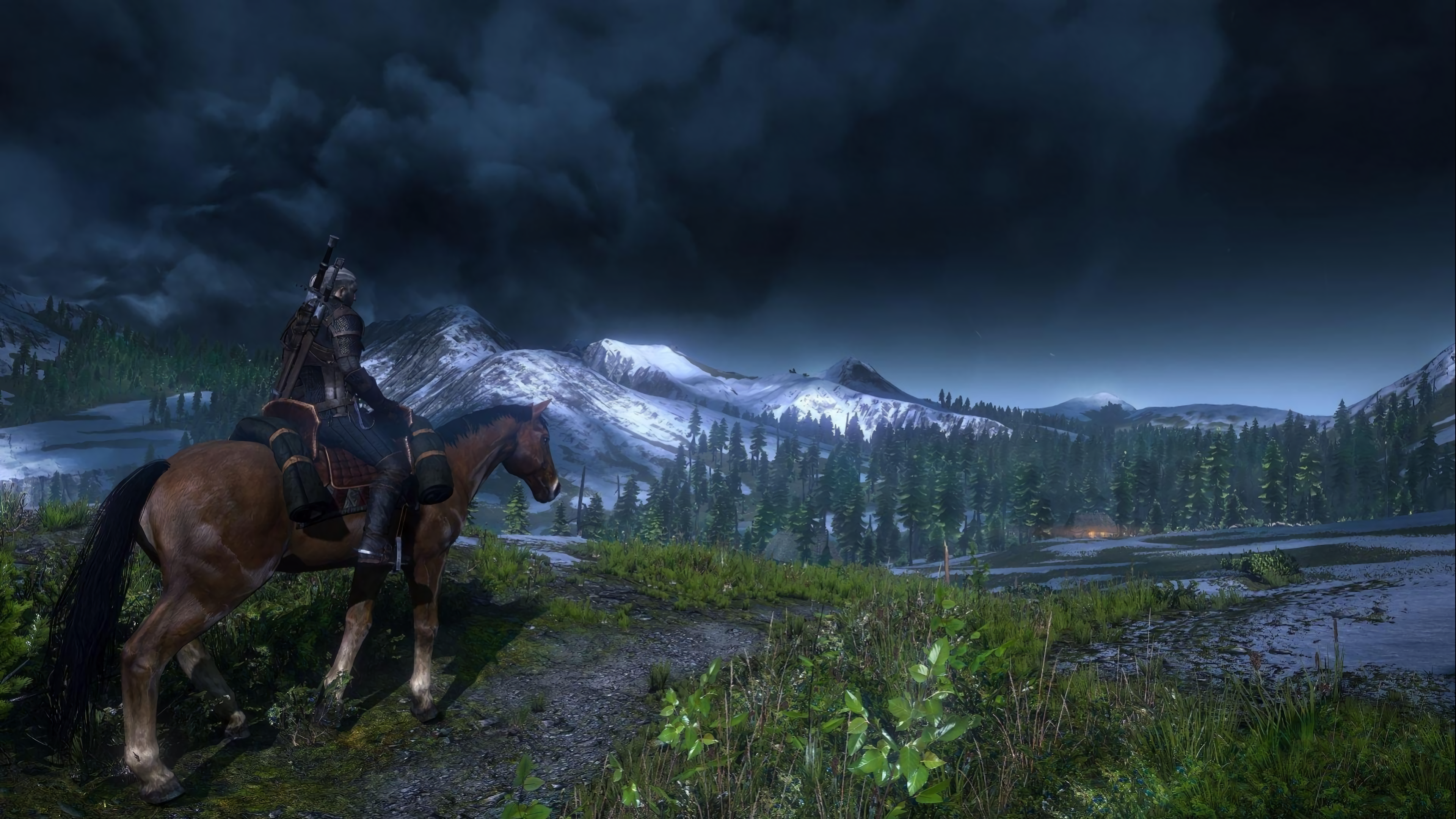 Geralt on horseback in The Witcher 3 Wild Hunt landscape HD Wallpaper