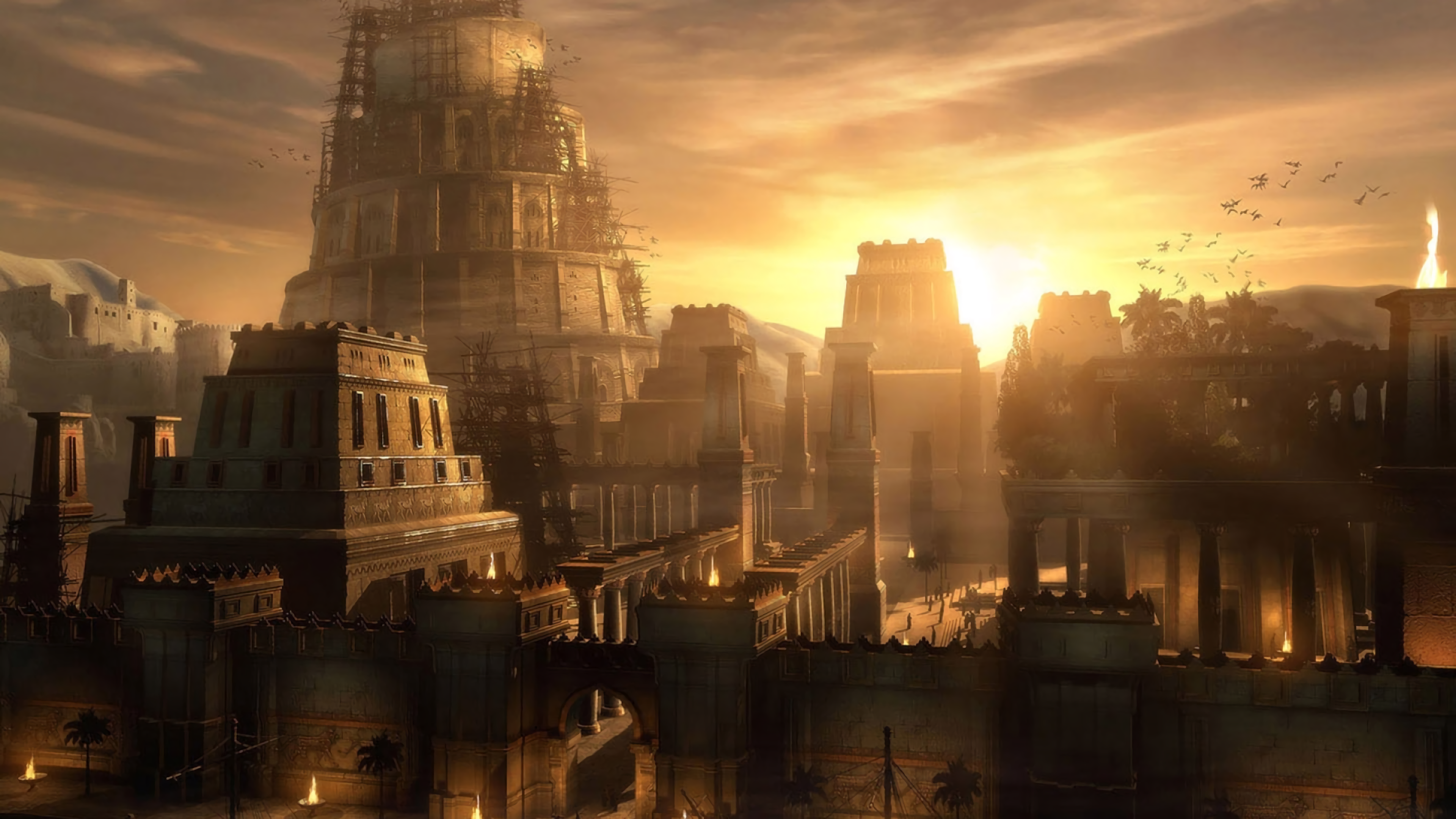 Ancient city with Tower of Babel at sunset HD Wallpaper