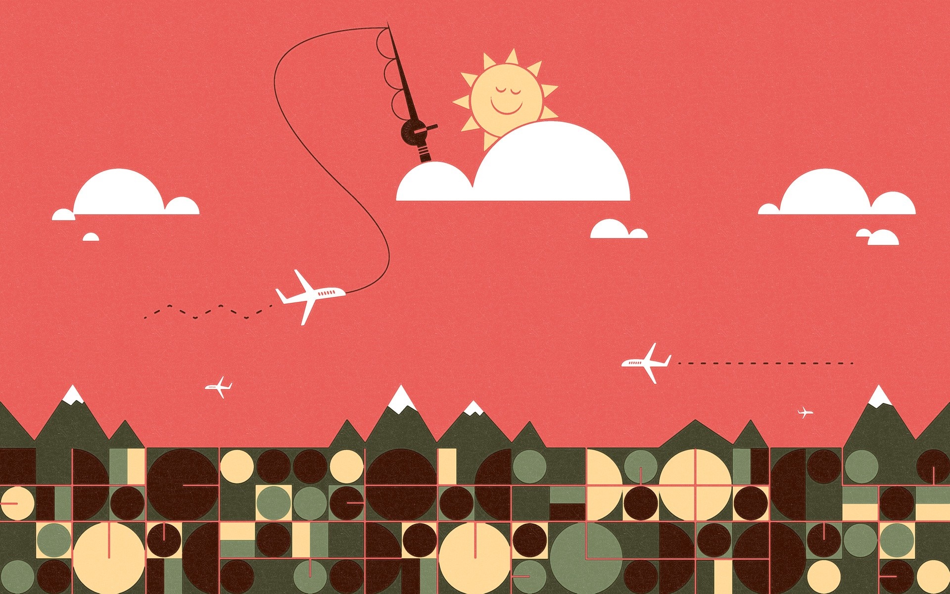Illustration of airplanes flying over geometric mountains with a fishing sun HD Wallpaper