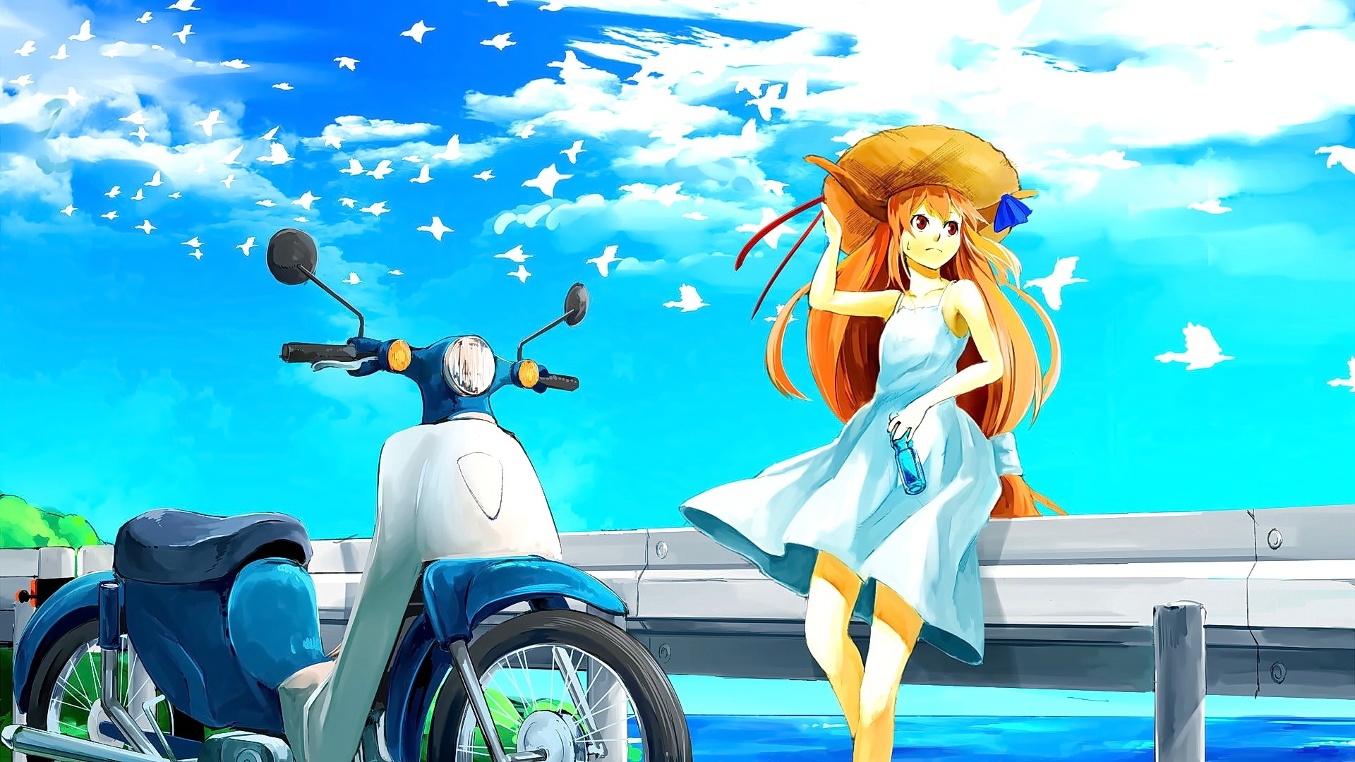 Anime girl with a straw hat and a scooter HD Wallpaper