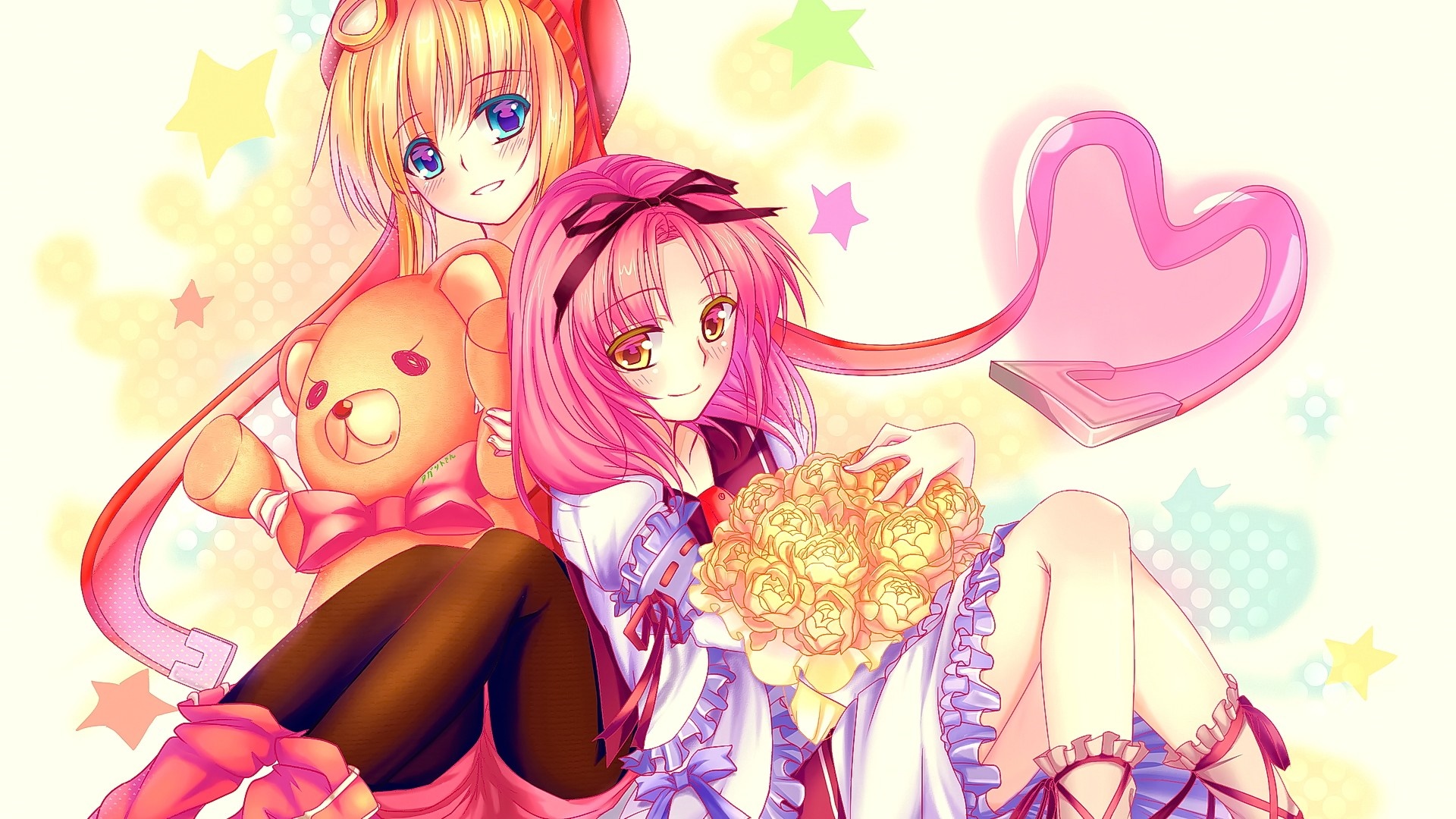 Two anime girls with a teddy bear and flowers HD Wallpaper