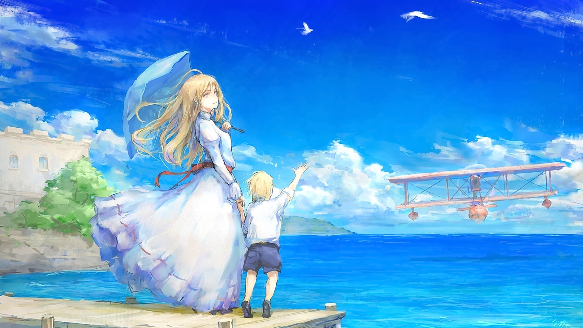 Anime girl with umbrella and boy on dock with biplane HD Wallpaper