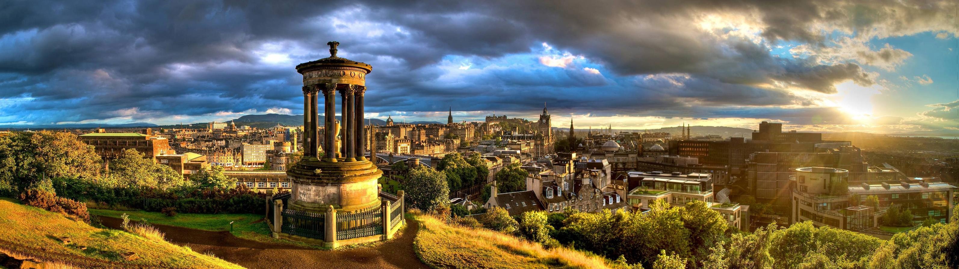 Edinburgh cityscape with Dugald Stewart Monument at sunset HD Wallpaper