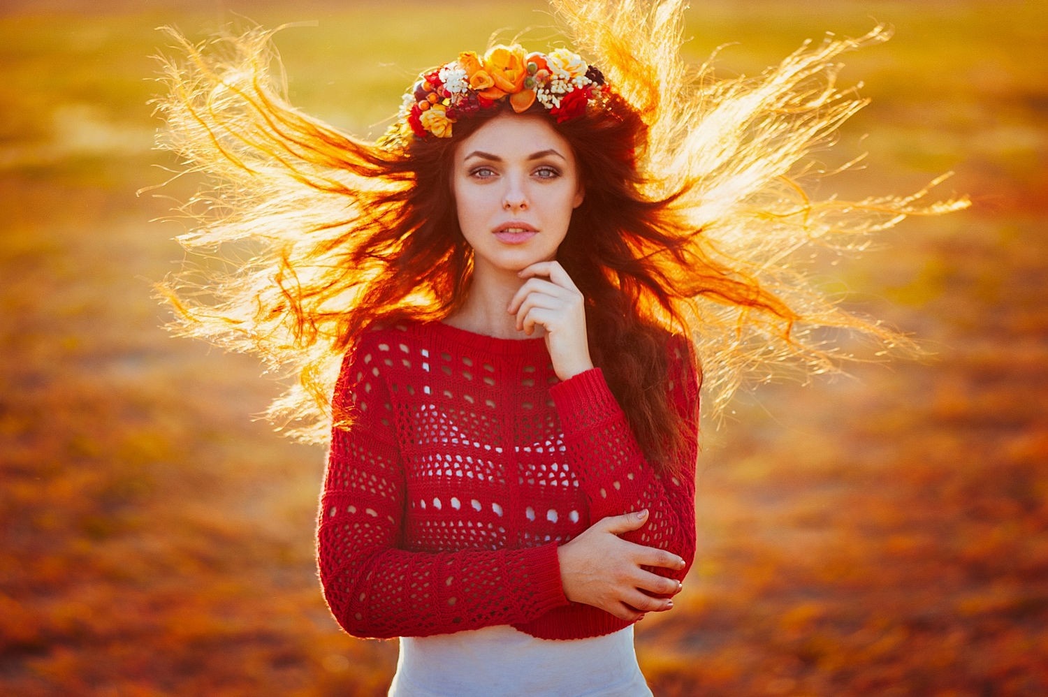 Woman with flower crown and red sweater in autumn wind HD Wallpaper