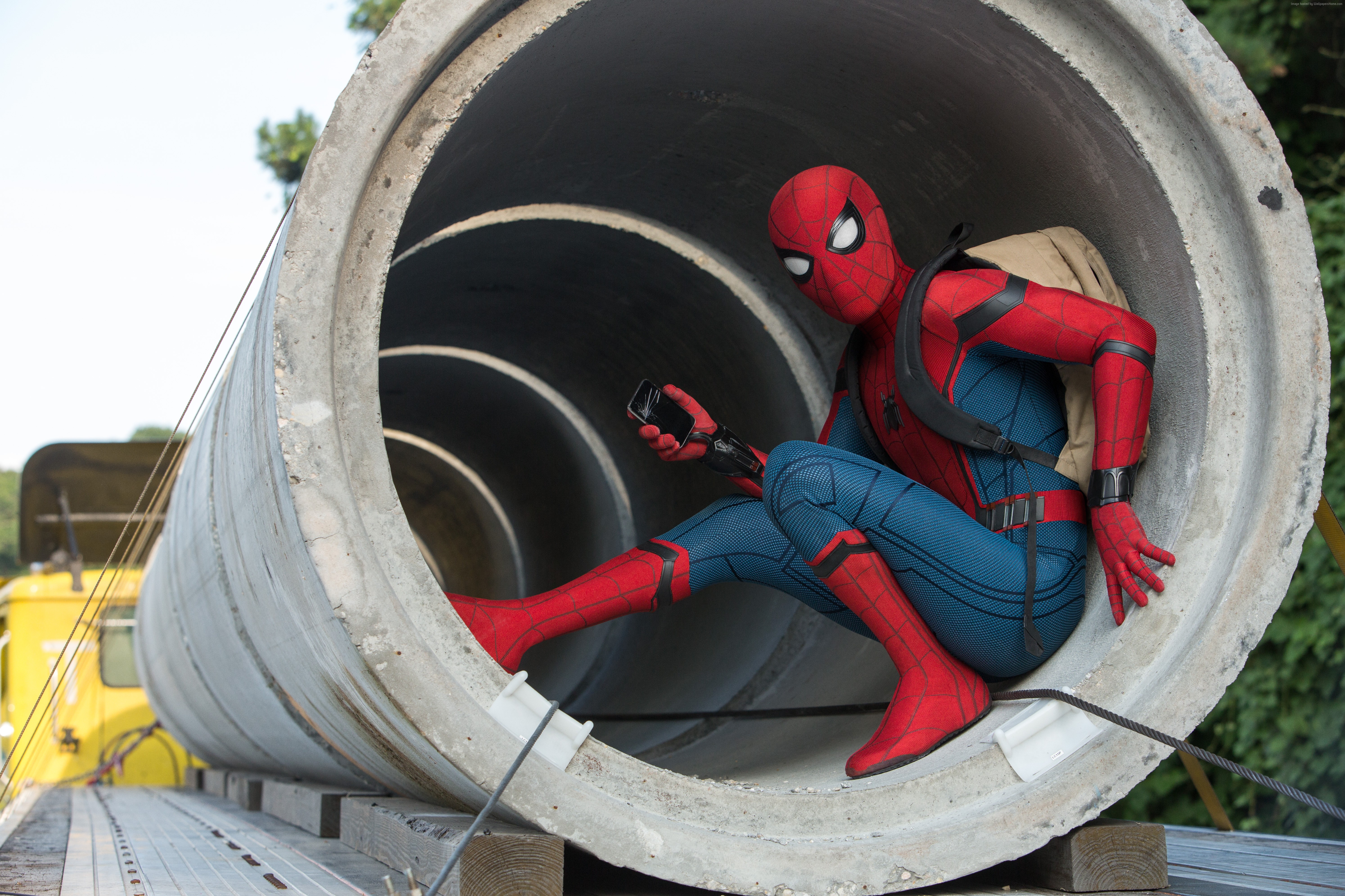 Spider-Man from Spider-Man: Homecoming in concrete pipes HD Wallpaper