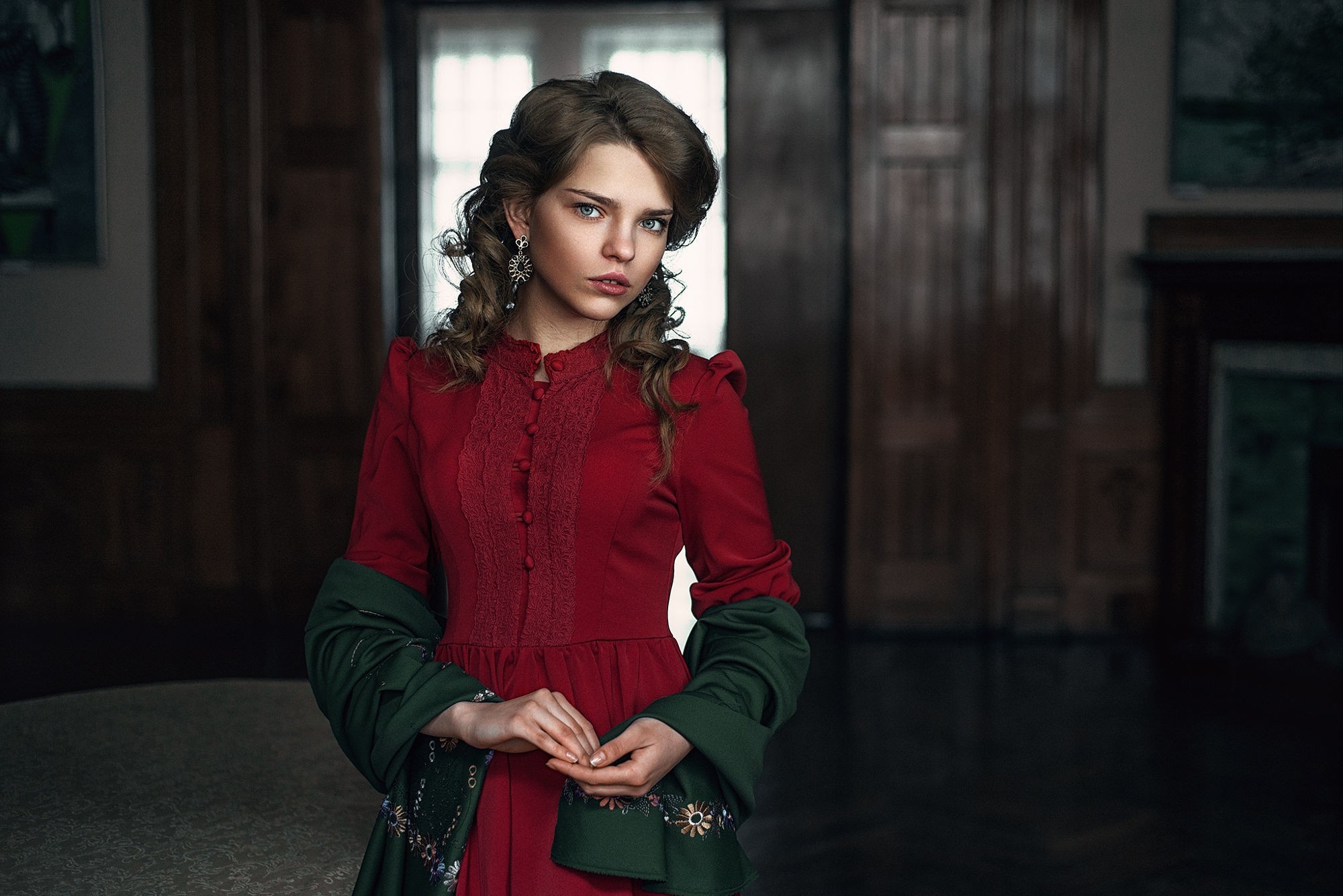 Woman in red dress with green shawl HD Wallpaper