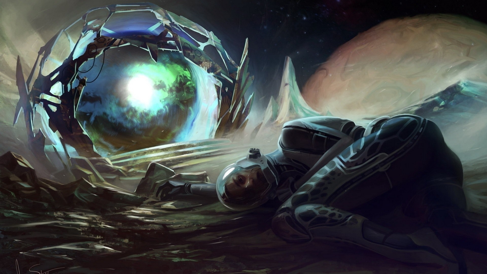 Astronaut lying on alien planet near portal HD Wallpaper