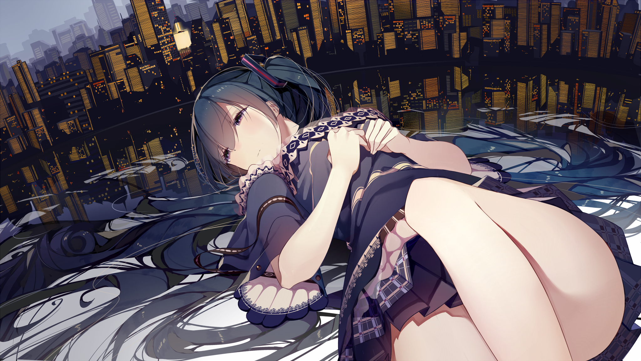 Hatsune Miku Relaxing with Cityscape Night View HD Wallpaper