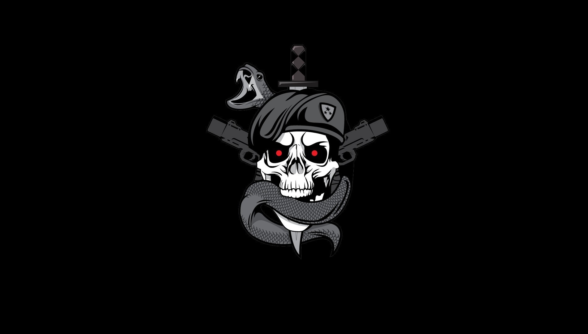 Skull with snake, guns, dagger, and beret logo HD Wallpaper