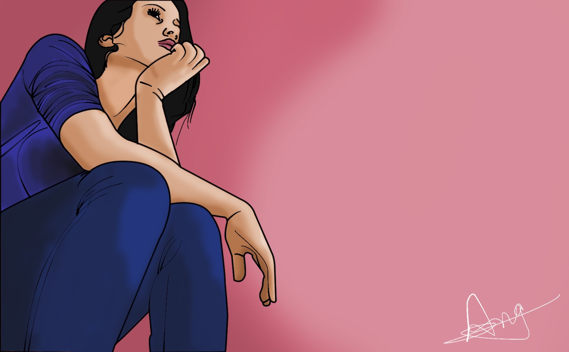 Illustration of a woman in blue clothing on a pink background HD Wallpaper