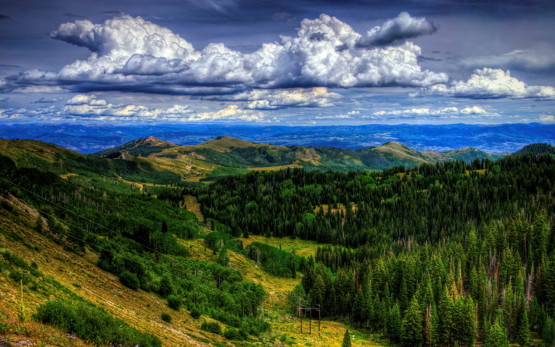Mountain landscape with green forests and dramatic clouds HD Wallpaper
